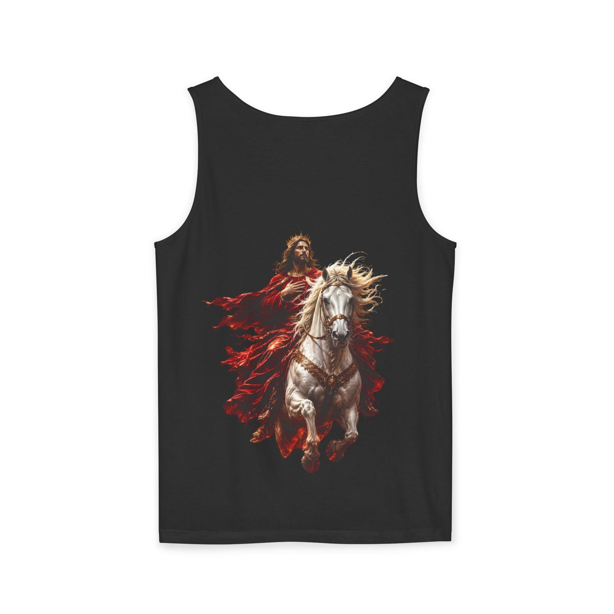 Christian tank top featuring Jesus riding a white horse with inspirational Second Coming artwork on a soft garment-dyed sleeveless shirt.