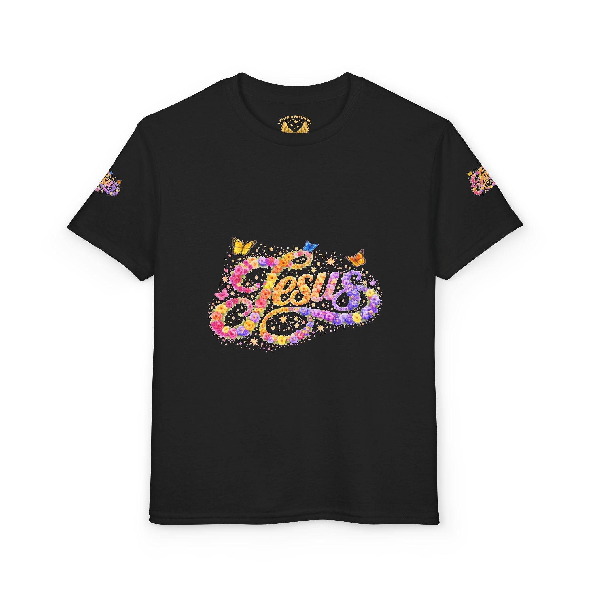 Youth Jesus Floral Butterfly T-Shirt – Christian Kids Faith Tee | Gratitude Sneaker Style Shirt