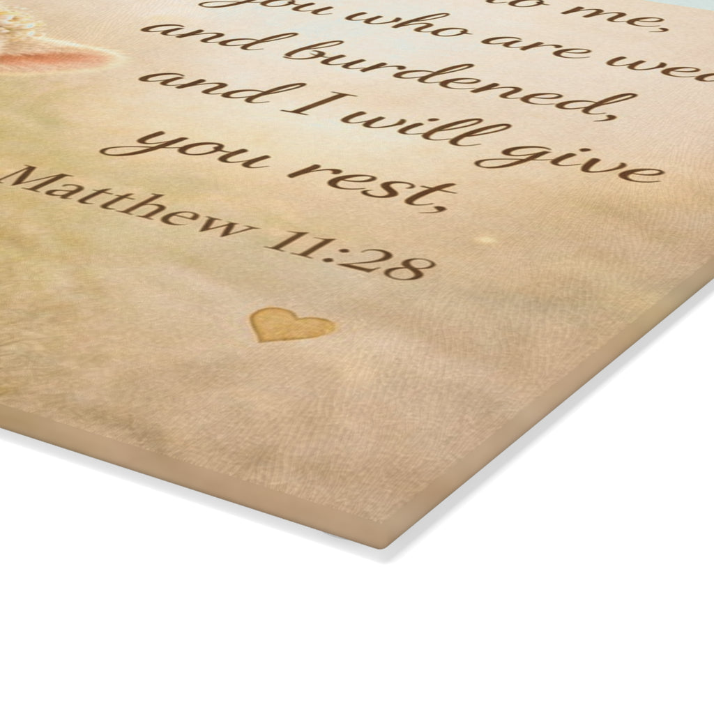 Matthew 11:28 Lamb Glass Cutting Board – Christian Faith Kitchen Decor | Inspirational Scripture Kitchen Board