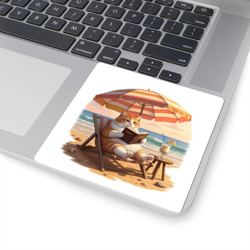 Bible Reading Beach Kitty Sticker – Christian Cat Faith Decal | Cute Bible Study Laptop Sticker