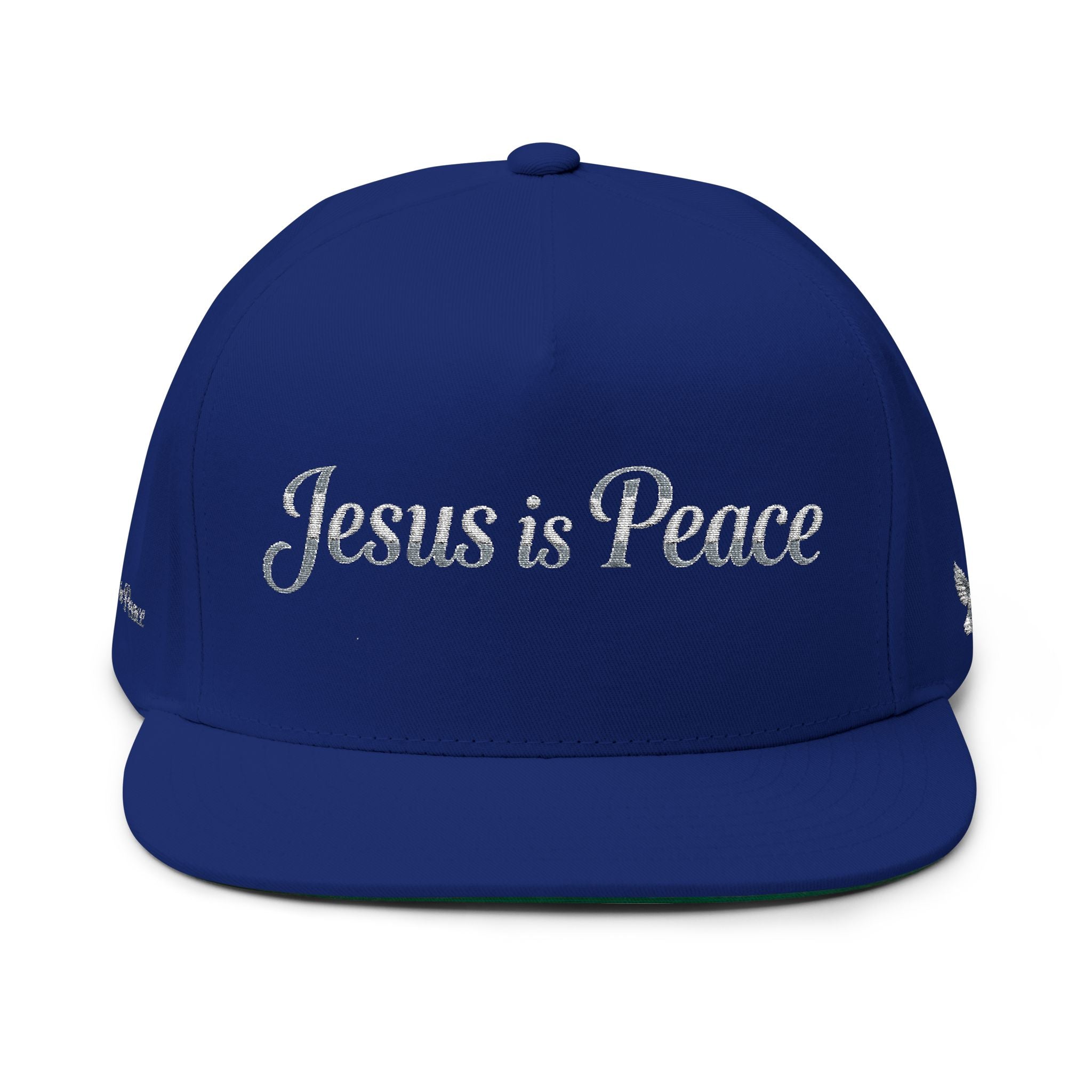 A royal blue snapback cap with 'Jesus is Peace' embroidered in white script across the front, shown on a plain white background.