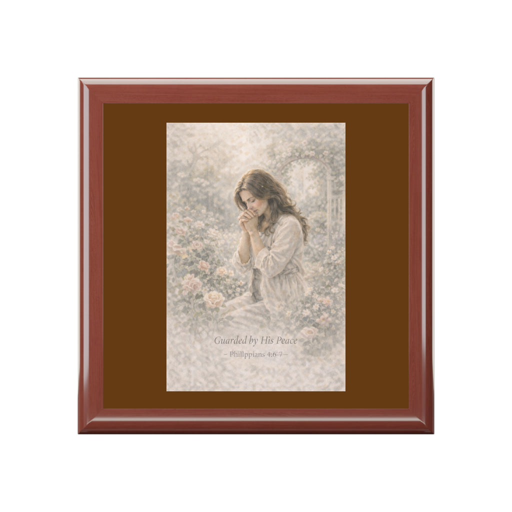 Framed artwork of a woman in a garden with a brown frame
