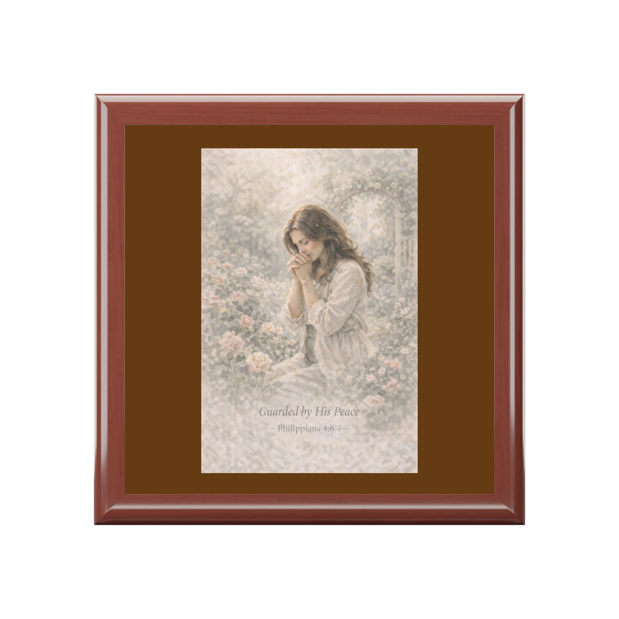 Framed artwork of a woman in a garden with a brown frame