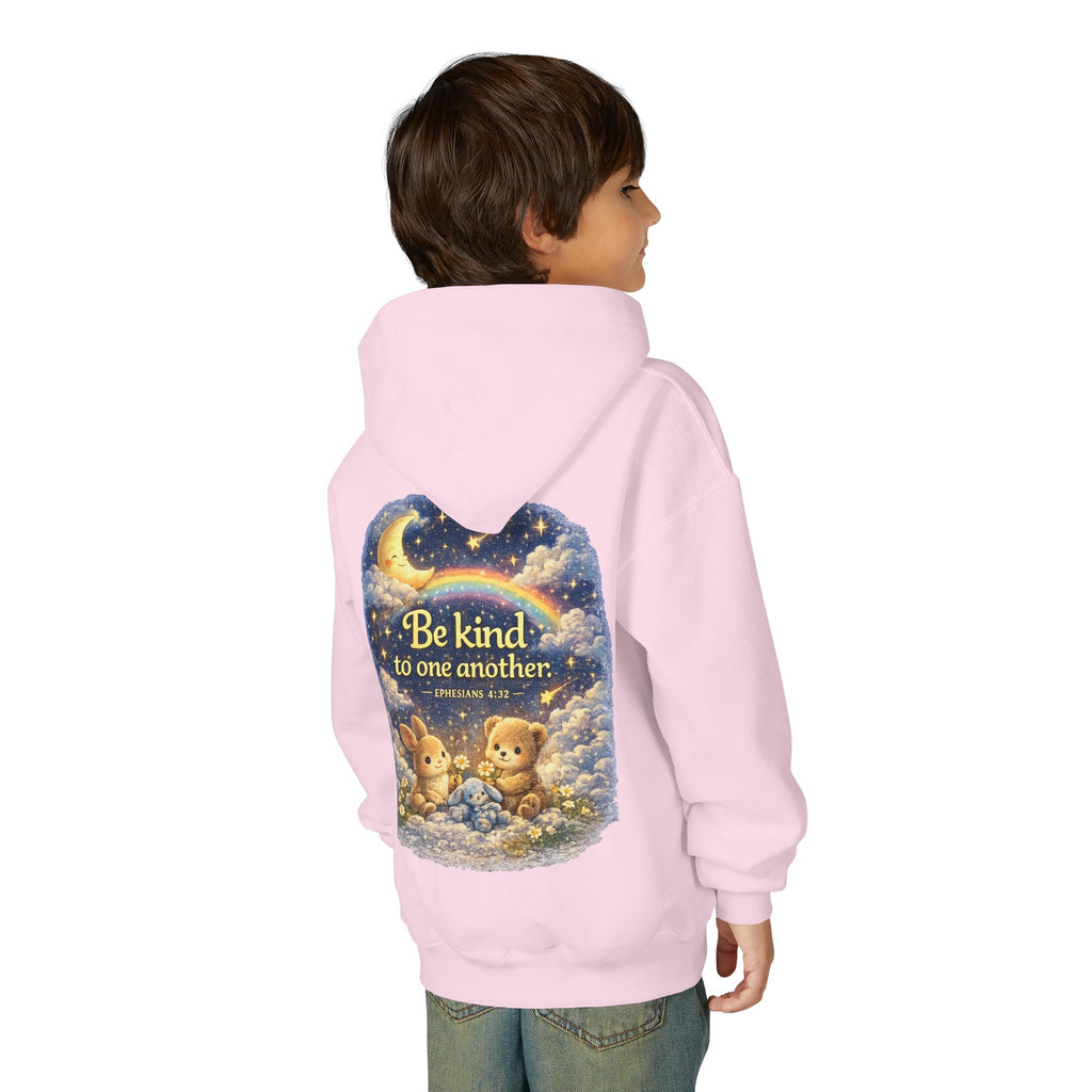 Youth “Be Kind to One Another” Hoodie – Cute Bunny Night Sky Scripture Sweatshirt