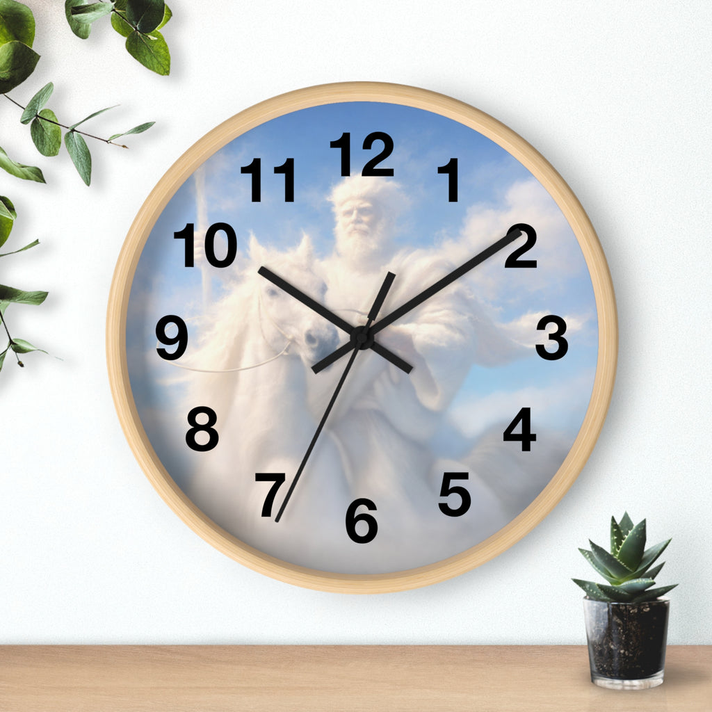 Inspirational Christian wall clock featuring Jesus riding through glowing clouds with classical devotional sky artwork and warm heavenly tones.