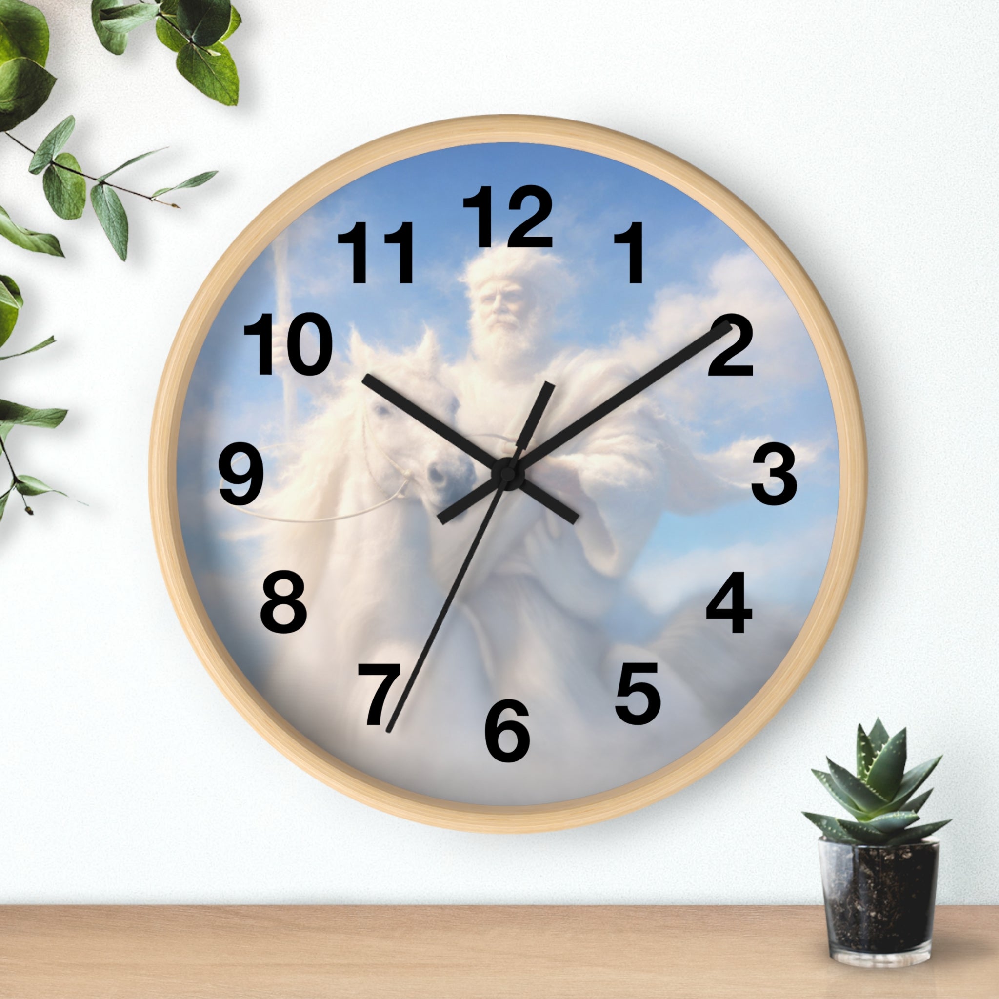 Inspirational Christian wall clock featuring Jesus riding through glowing clouds with classical devotional sky artwork and warm heavenly tones.