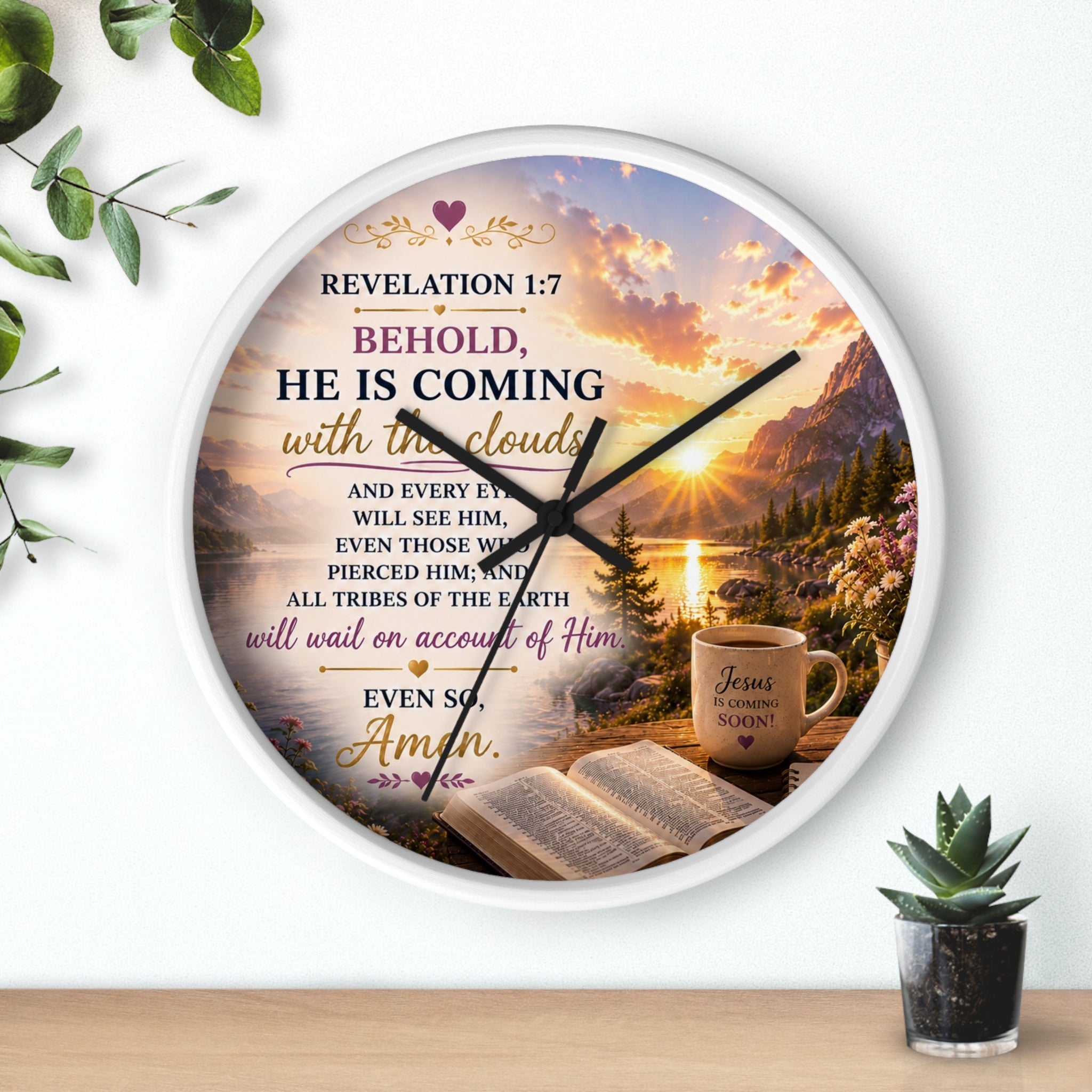 Inspirational Christian wall clock featuring a sunrise over water with an open Bible, steaming mug, and Revelation 1:7 scripture “Behold, He Is Coming.”