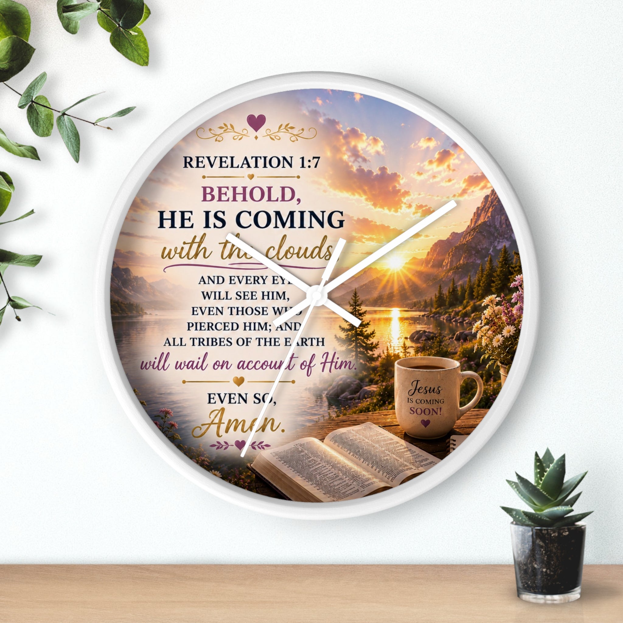 Inspirational Christian wall clock featuring a sunrise over water with an open Bible, steaming mug, and Revelation 1:7 scripture “Behold, He Is Coming.”
