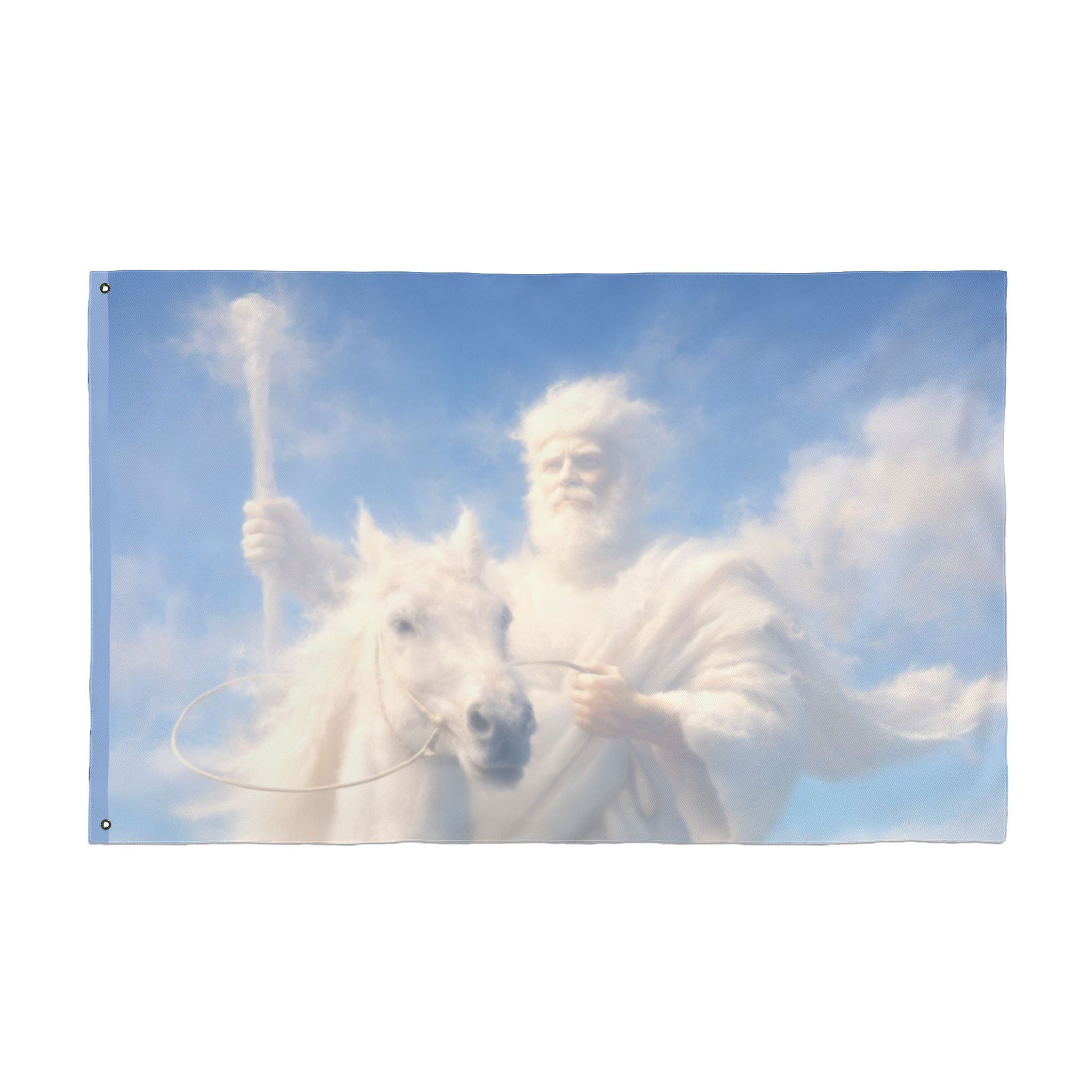 Double-sided Christian outdoor flag featuring Jesus riding on glowing clouds with vibrant heavenly artwork and inspirational faith-centered design.