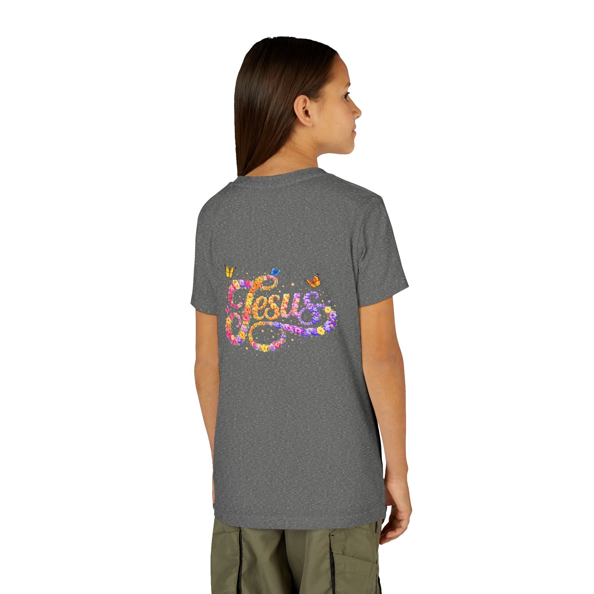 Youth Jesus Floral Script T-Shirt – Butterfly Christian Kids Tee | Faith Youth Shirt