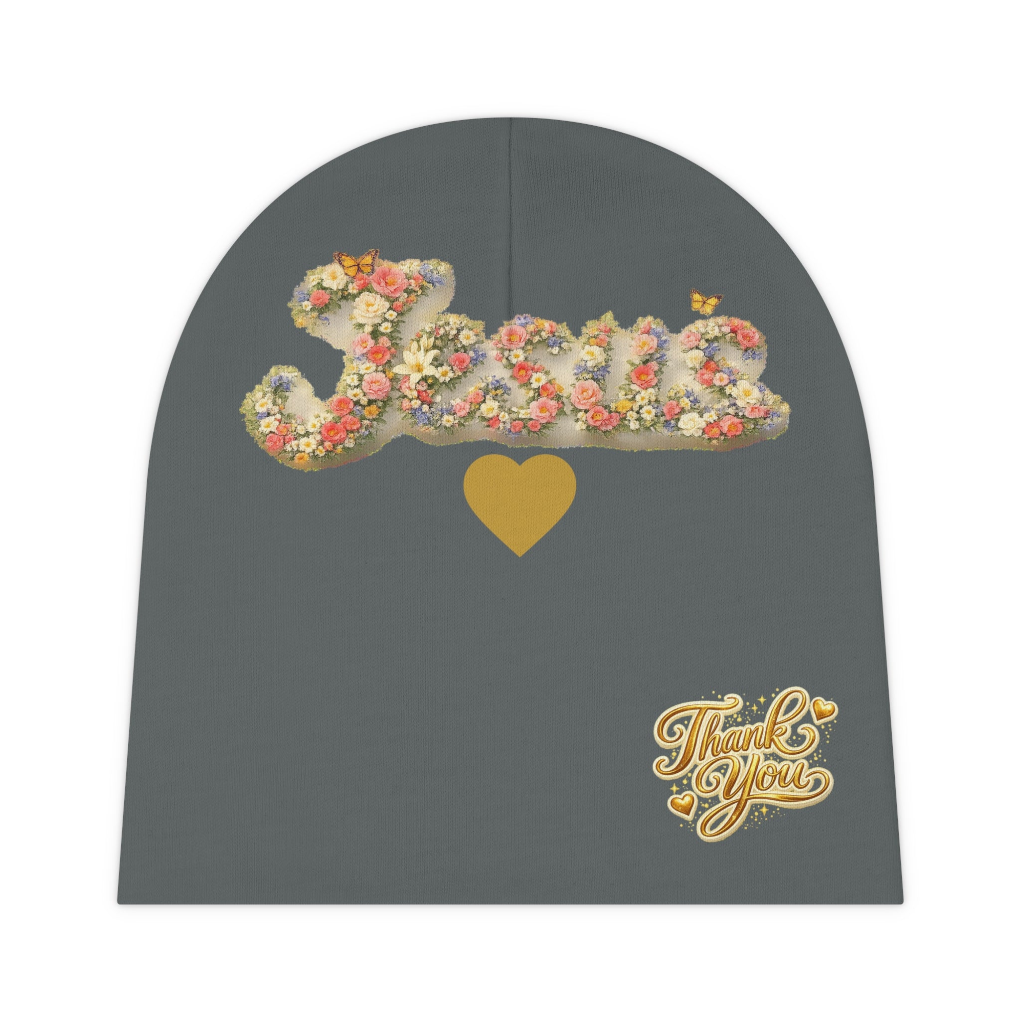 Floral Jesus Baby Beanie – Christian Newborn Hat with Gold Heart | Faith Baby Beanie