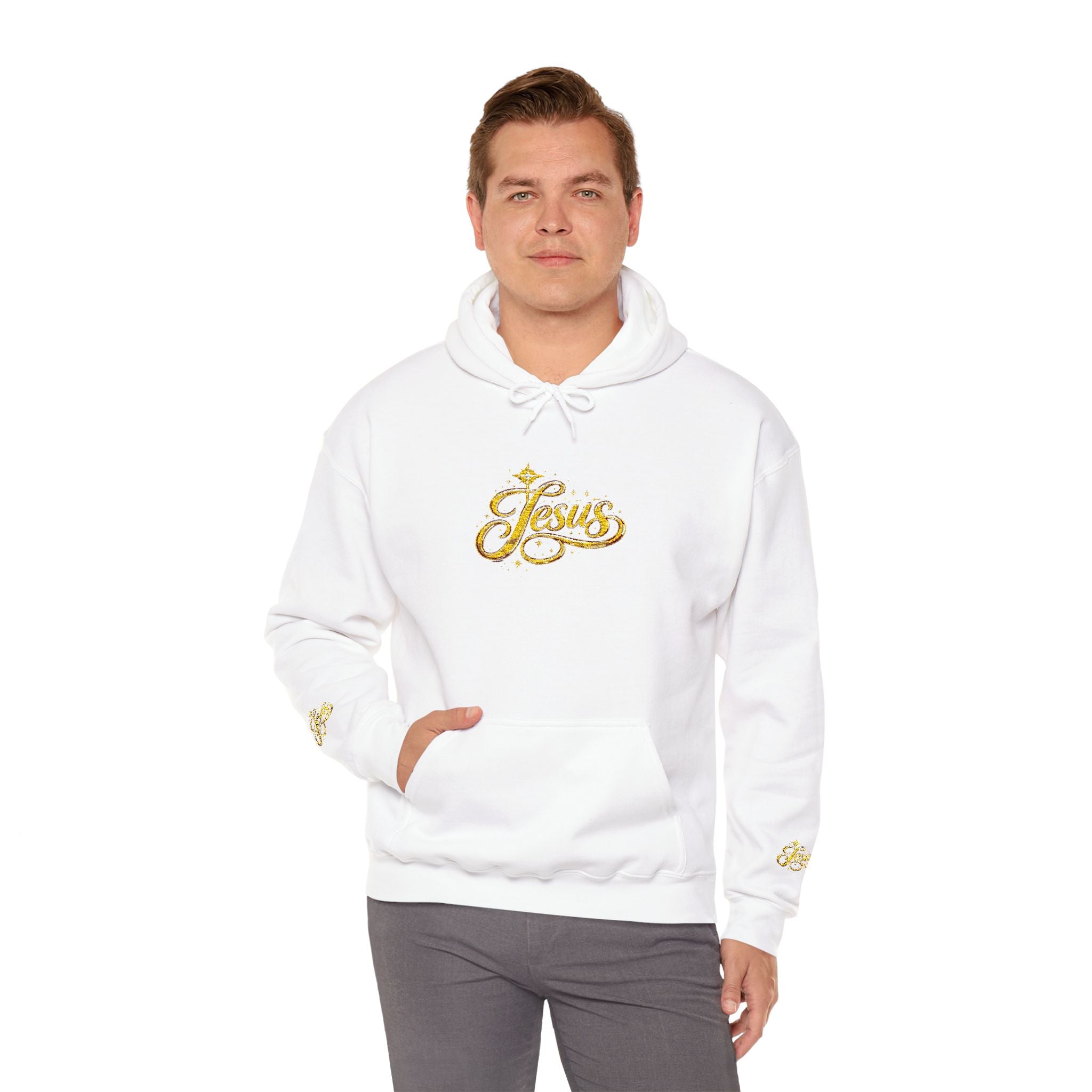 Jesus Gold Script Hoodie – Sparkle Christian Faith Pullover | Inspirational Hoodie
