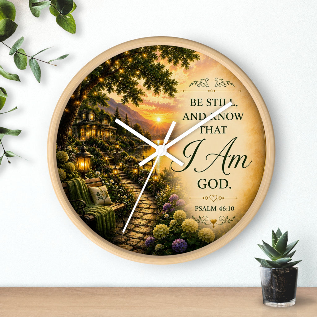 Inspirational Christian wall clock featuring a peaceful sunset garden scene with Psalm 46:10 scripture “Be Still and Know That I Am God” in warm glowing tones.