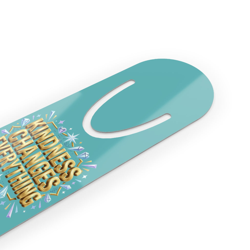 Inspirational turquoise aluminum bookmark featuring a peace dove and the message “Kindness Changes Everything,” with brushed metal backing and secure page-holding slot for books, journals, and devotionals.