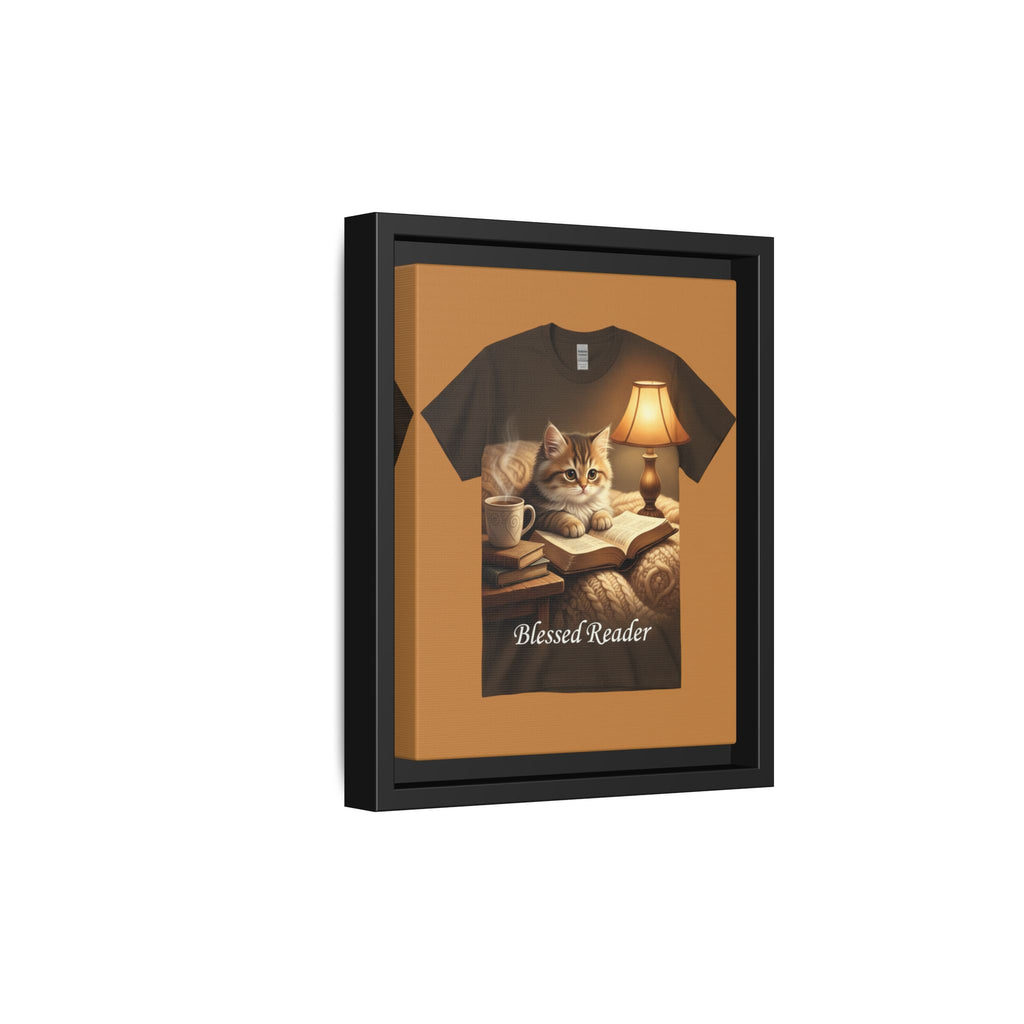 Blessed Reader Framed Canvas Print – Cozy Cat Reading Wall Art | Book Lover Cat Decor