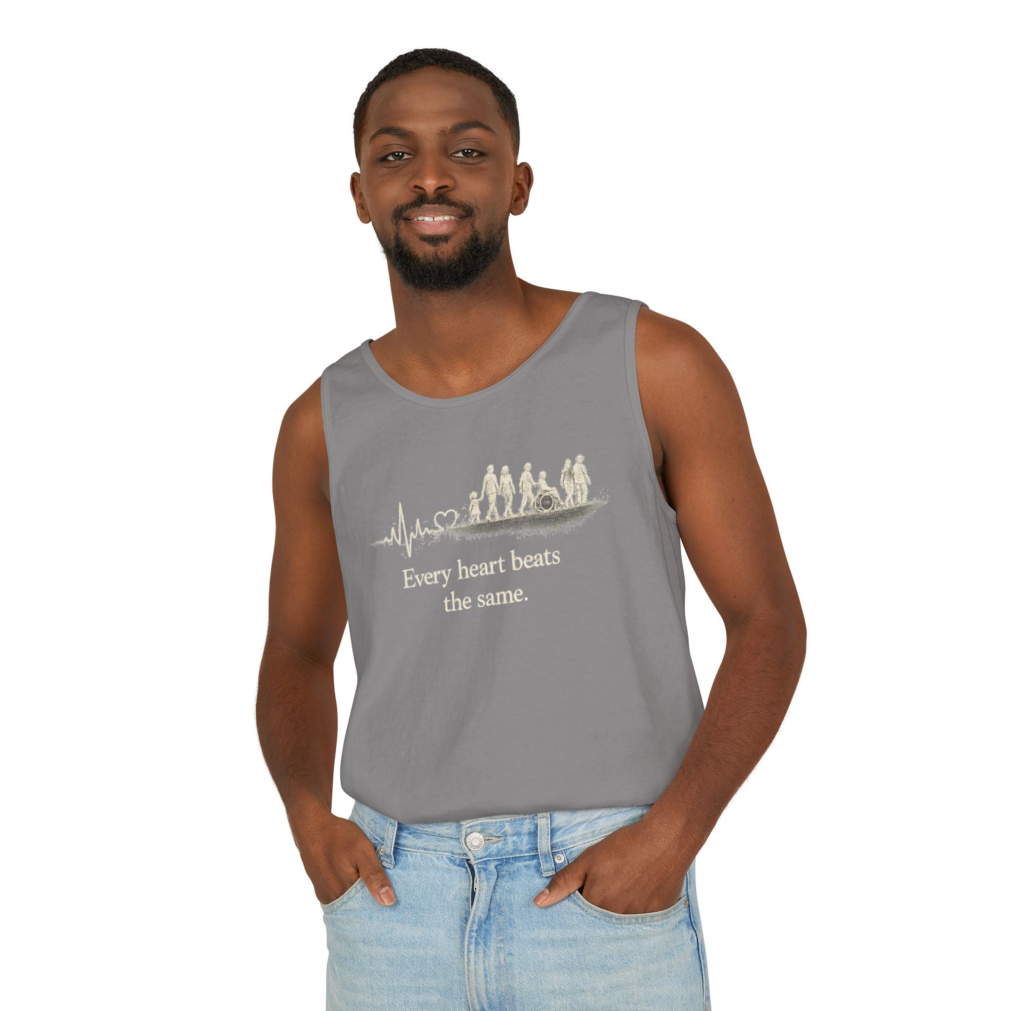 “Every Heart Beats the Same” Vintage Surf Tank Top – Garment-Dyed Coastal Unity Tank