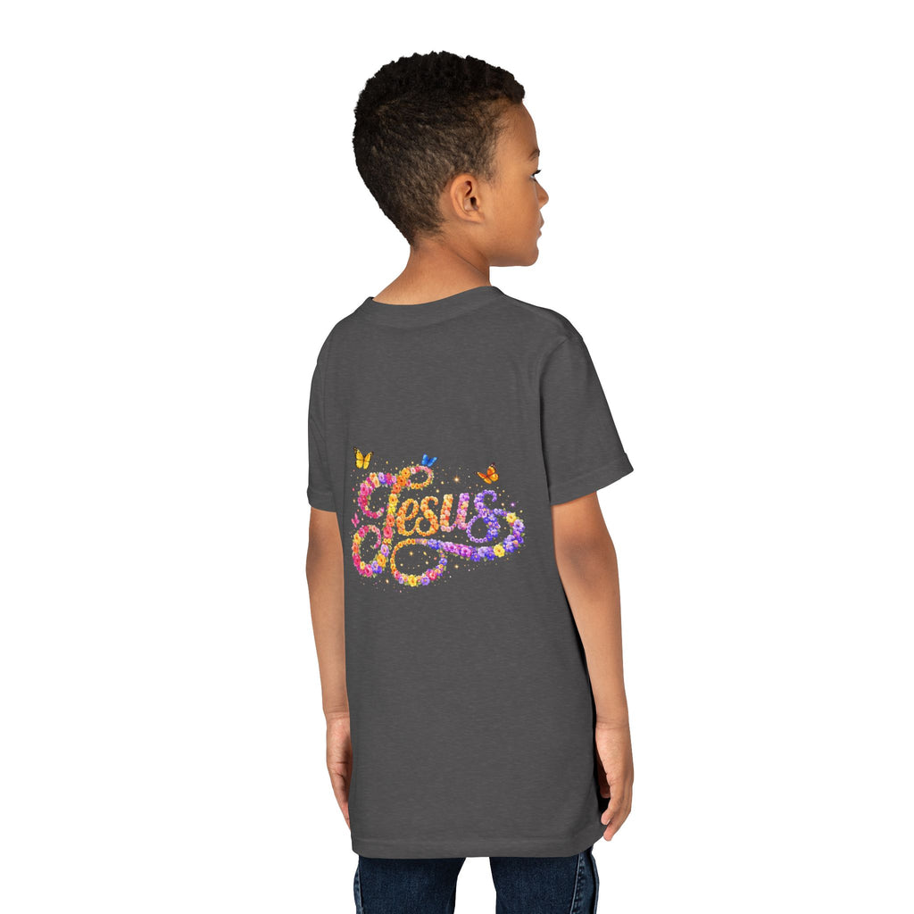 Youth Jesus Floral Script T-Shirt – Butterfly Christian Kids Tee | Faith Youth Shirt