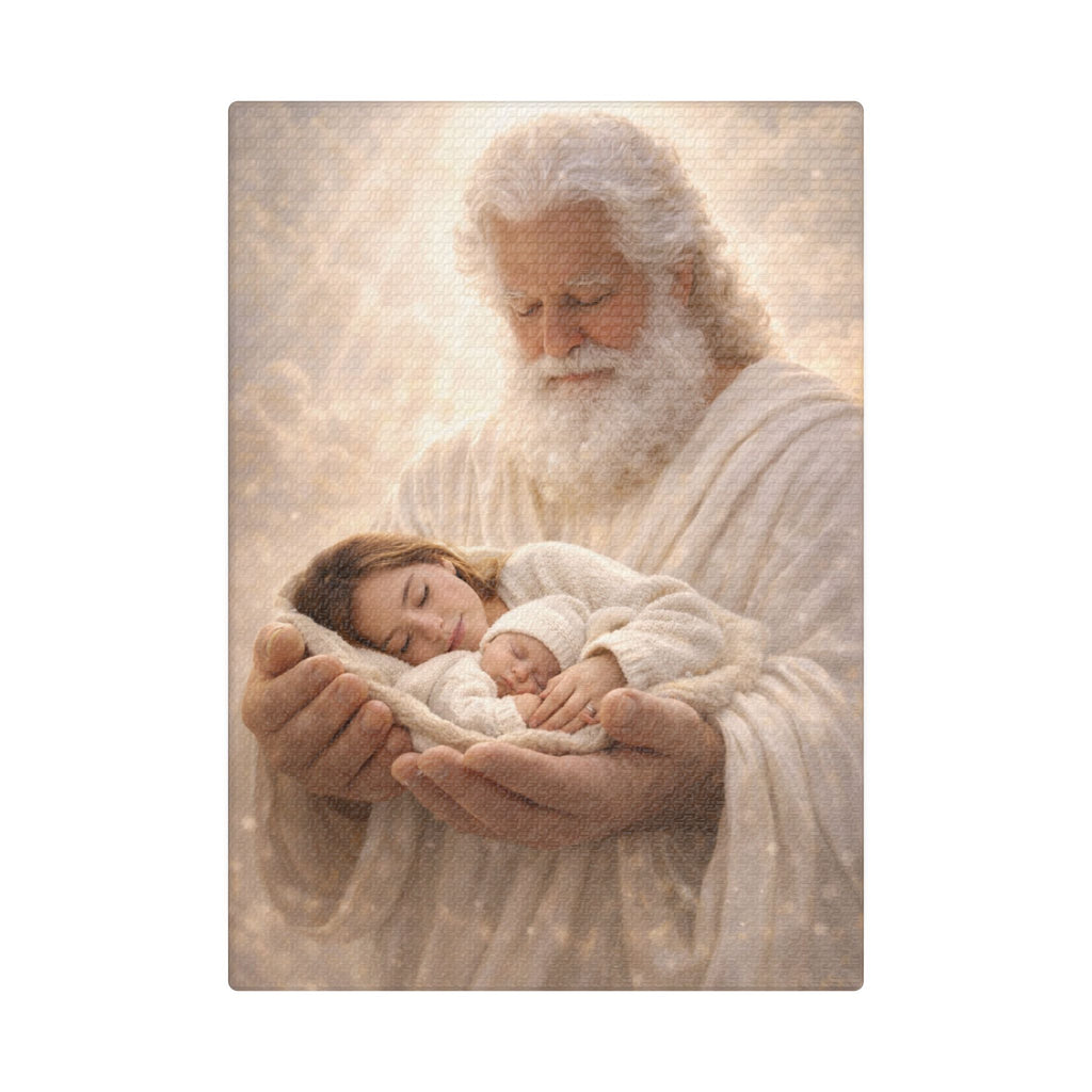 Safely in His Hands Canvas — 'Mom & Baby' Sleeping in God's Embrace Wall Art