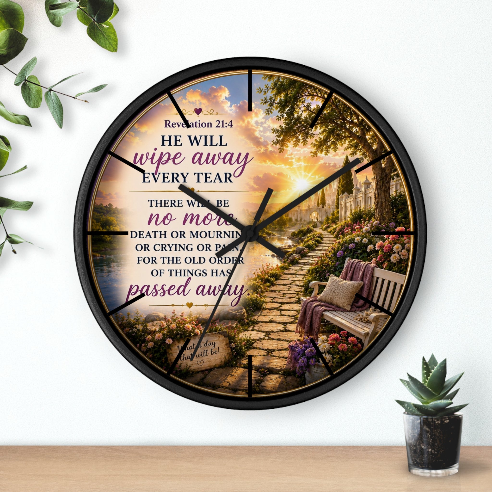 Inspirational Christian wall clock featuring a peaceful lakeside garden path, floral scenery, and Revelation 21:4 scripture in warm comforting tones.