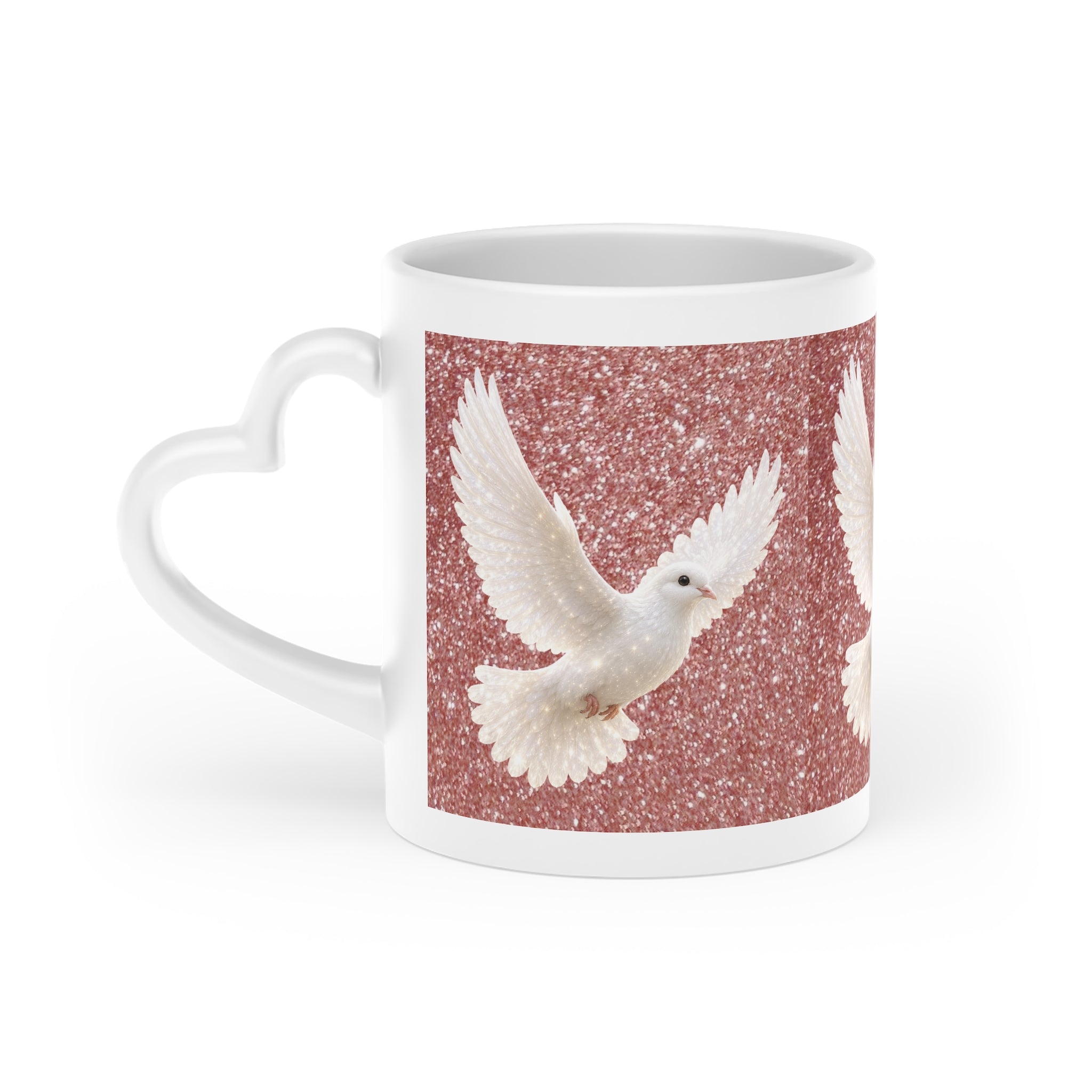 White ceramic heart-shaped handle mug featuring white doves flying across a shimmering rose gold sparkle background with vibrant wraparound artwork.