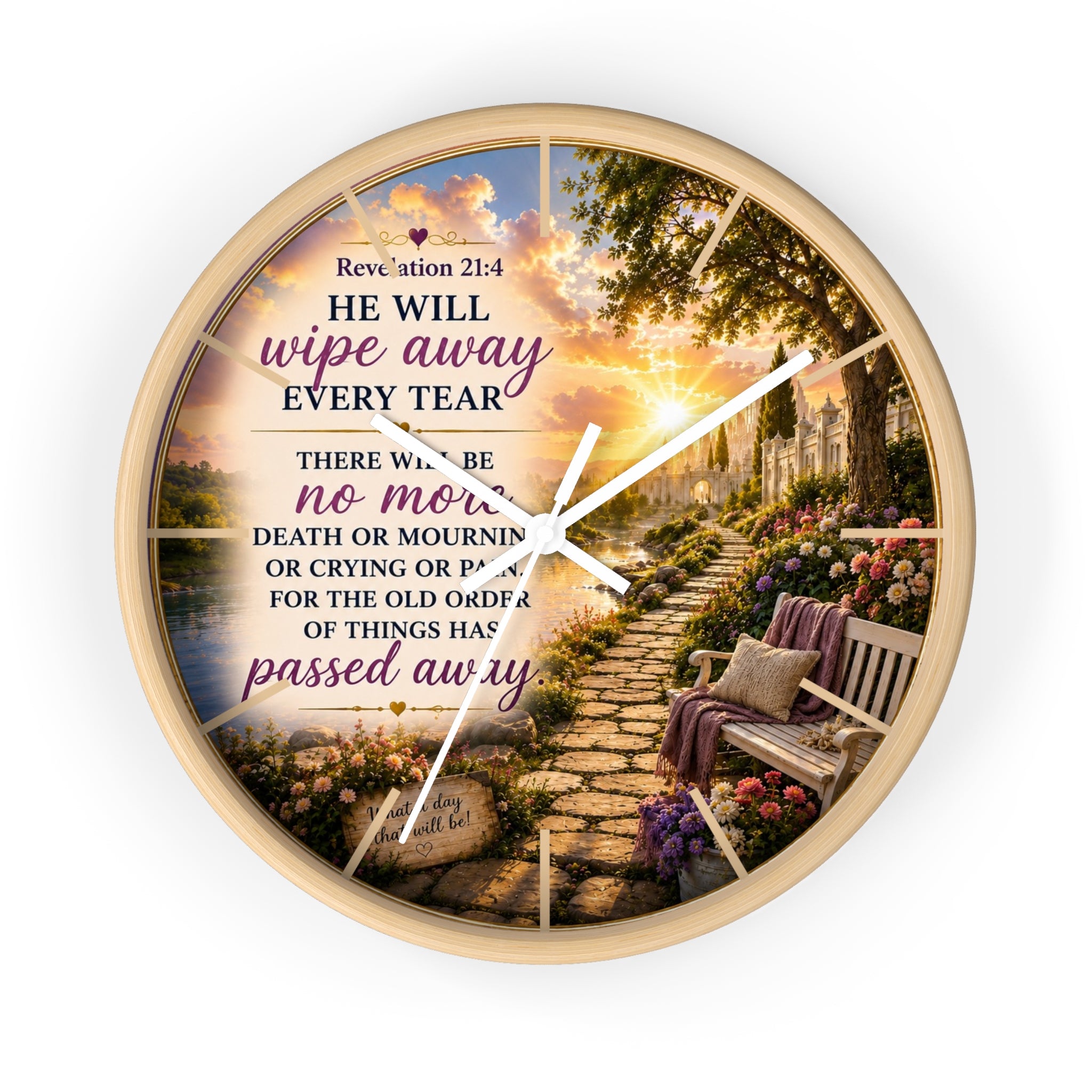 Revelation 21:4 Memorial Garden Wall Clock | Inspirational Christian Scripture Clock | Faith Home Decor