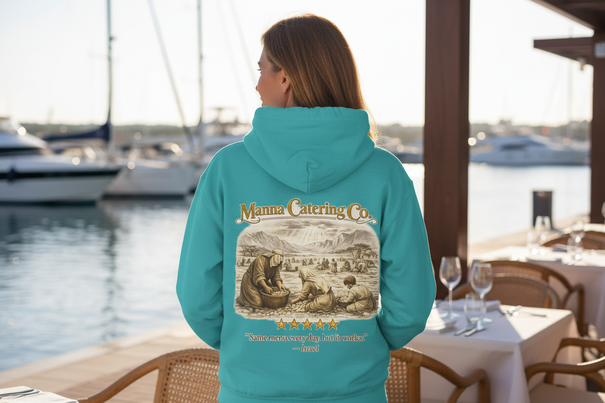 Manna Catering Co. – Hoodie | “Manna Review” Vintage Graphic – Five-Star Faith Series