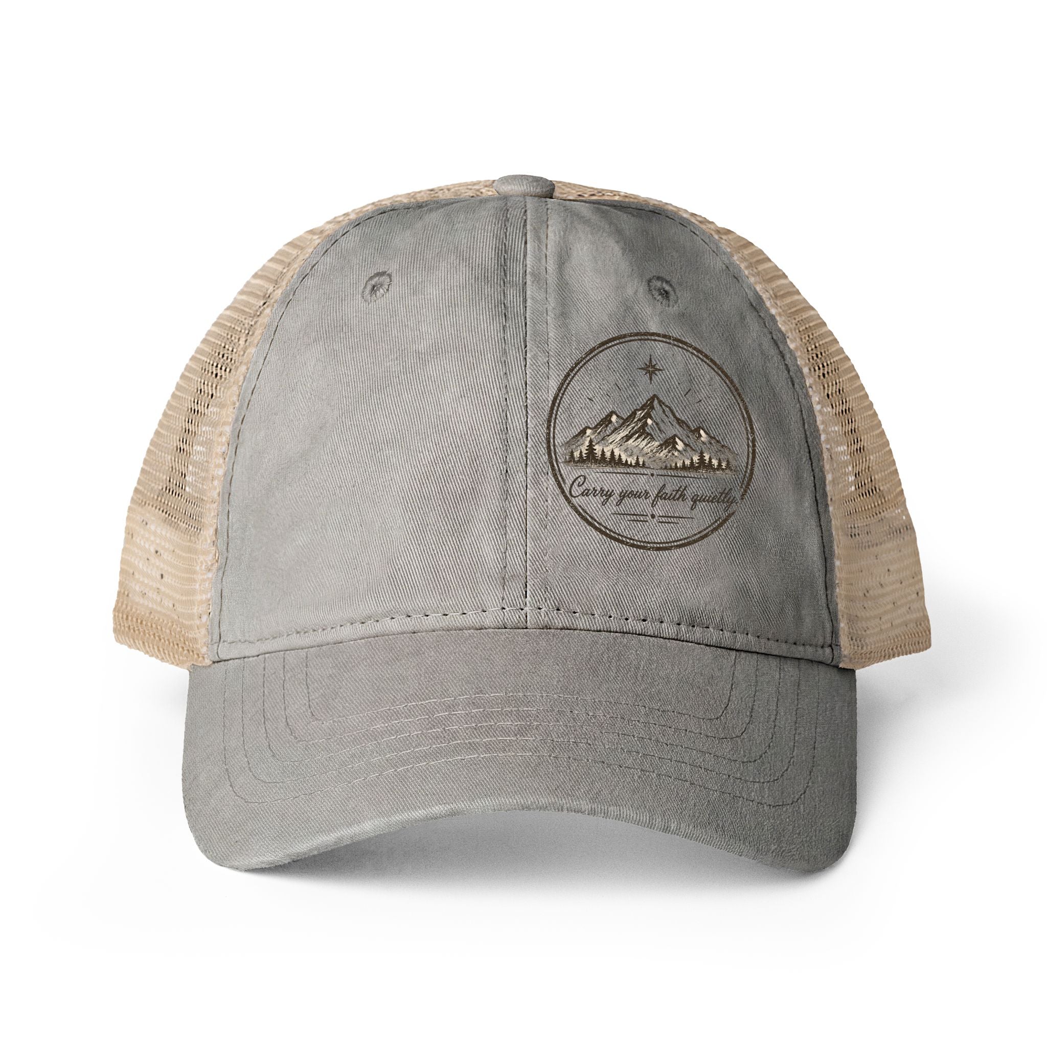 Women’s washed mesh-back Christian cap featuring the phrase “Carry Your Faith Quietly” with vintage styling and concealed ponytail opening.