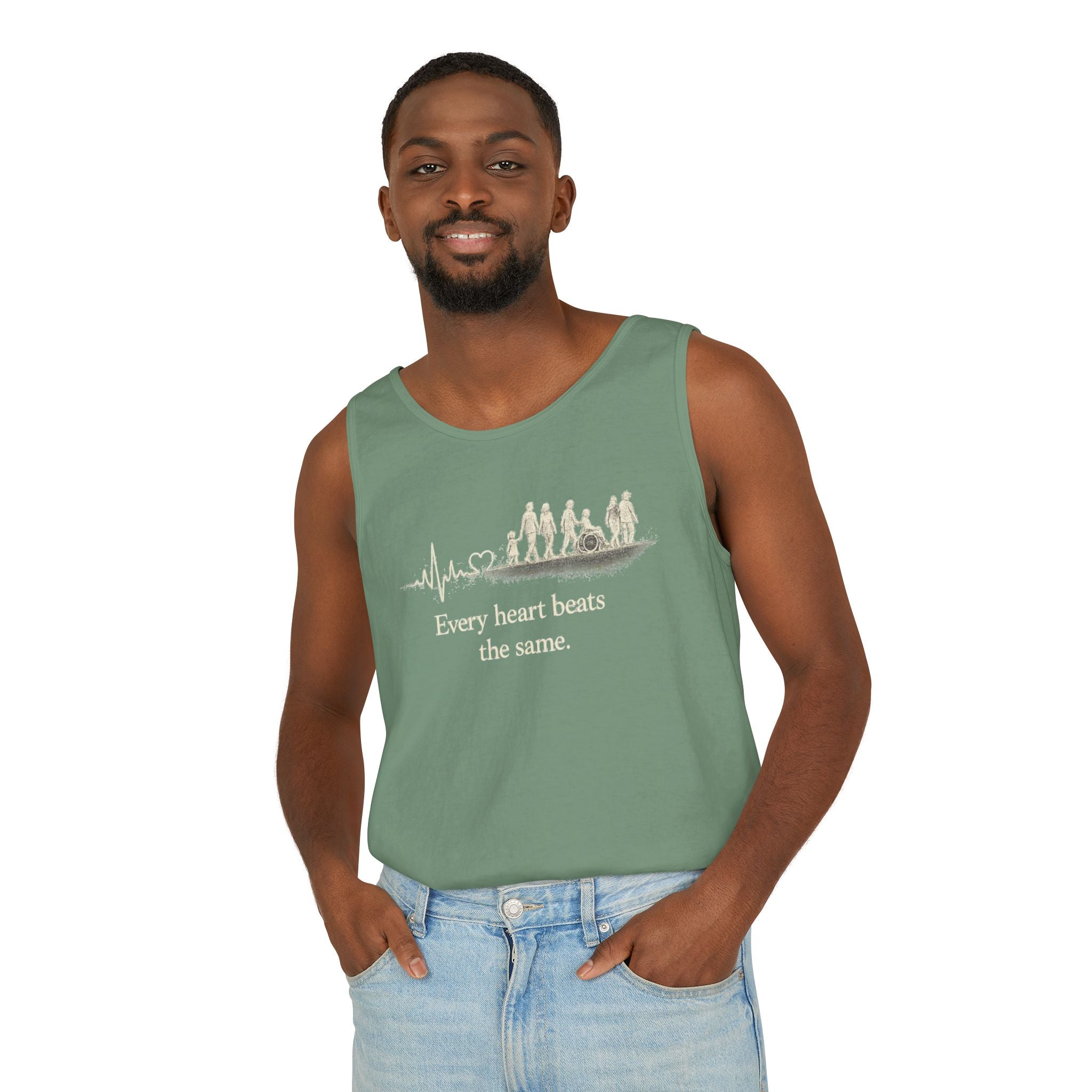 “Every Heart Beats the Same” Vintage Surf Tank Top – Garment-Dyed Coastal Unity Tank