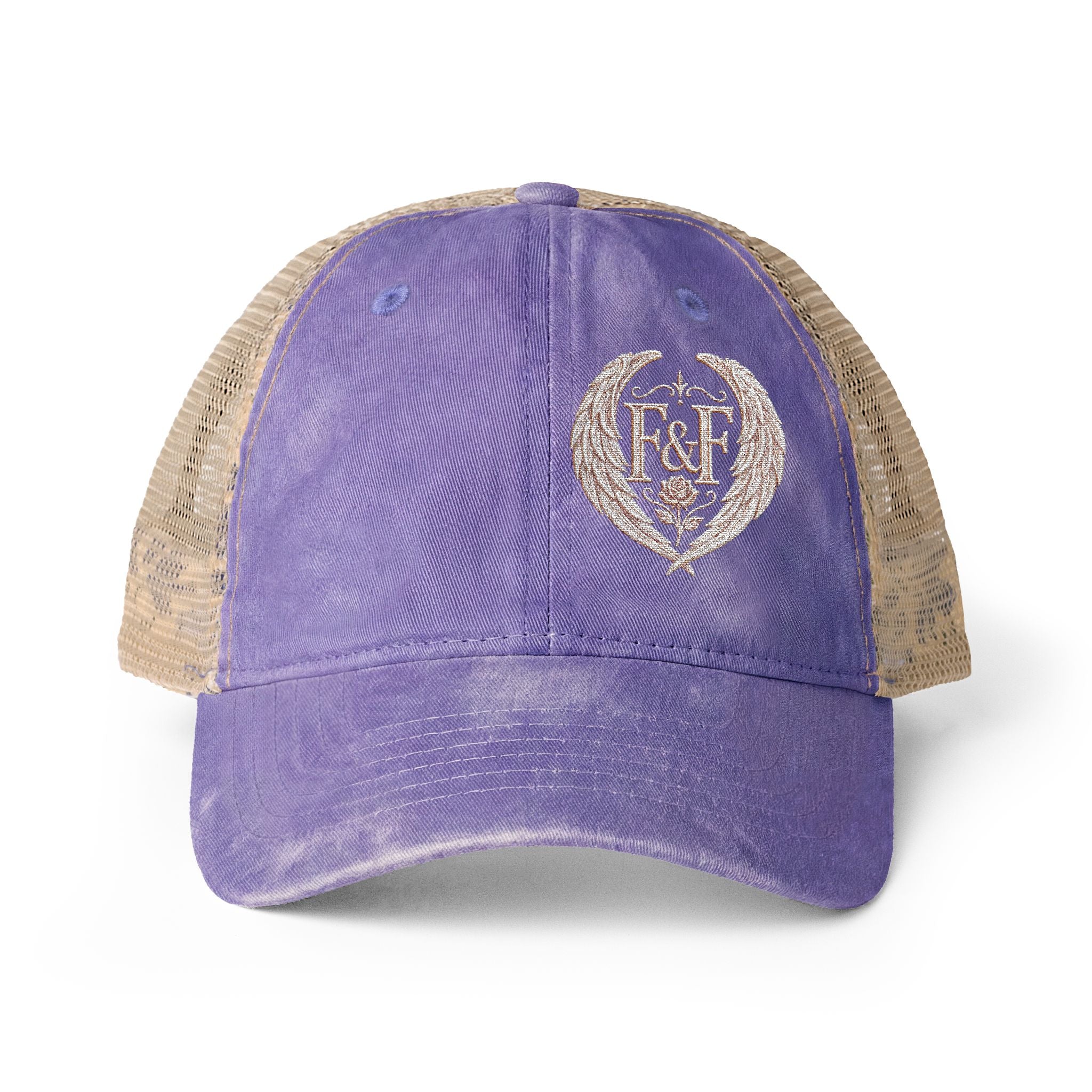 Women’s washed mesh-back cap featuring the Faith & Freedom logo with vintage styling, breathable mesh panels, and concealed ponytail opening.