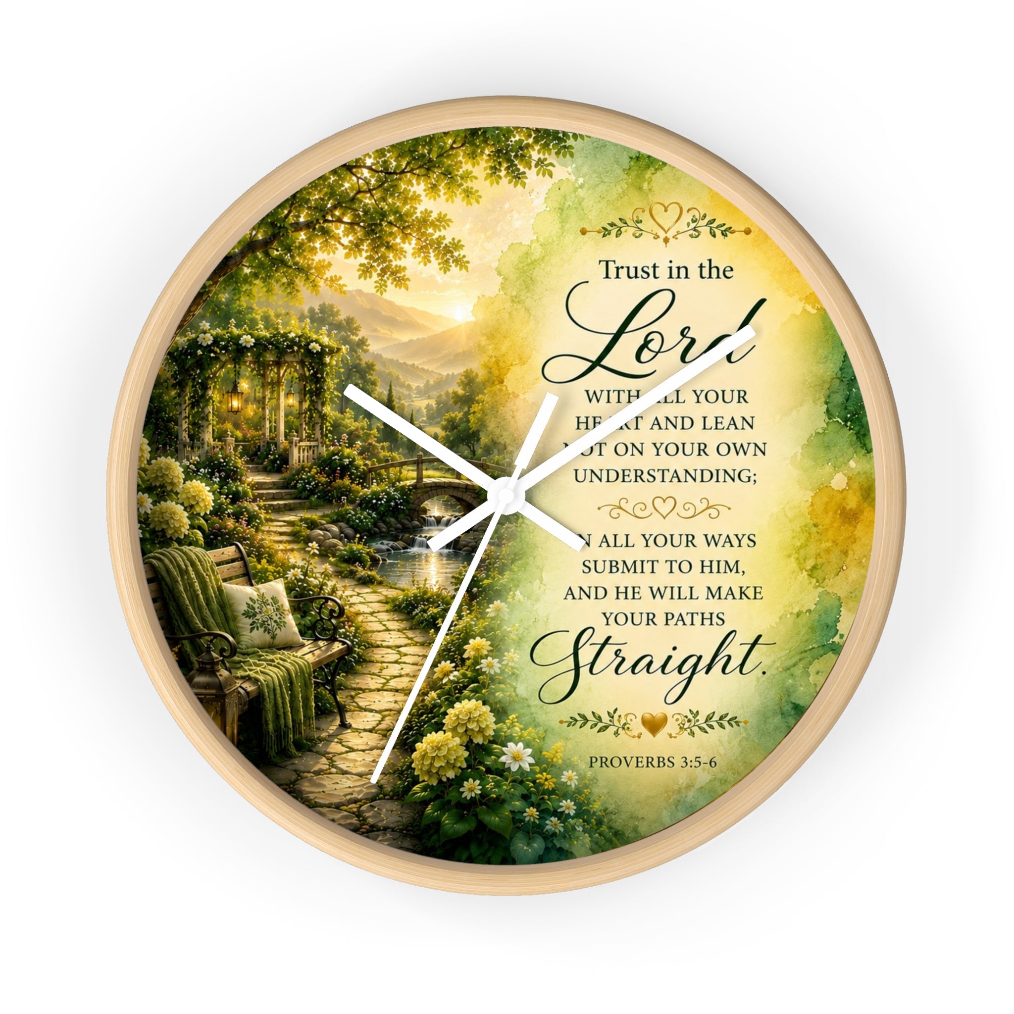 Inspirational Christian wall clock featuring a peaceful garden pathway at sunrise with Proverbs 3:5-6 scripture about trusting in the Lord.
