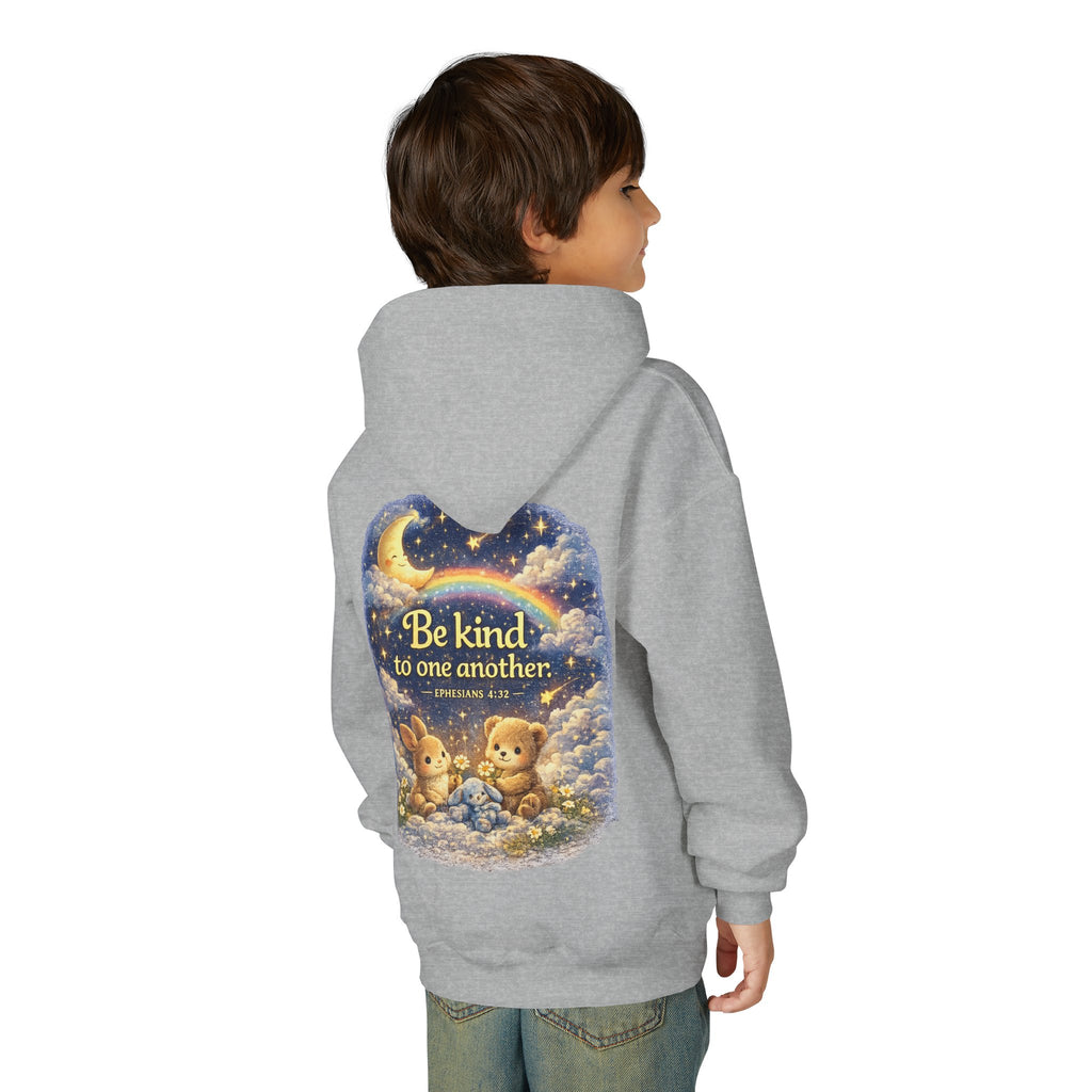 Youth “Be Kind to One Another” Hoodie – Cute Bunny Night Sky Scripture Sweatshirt