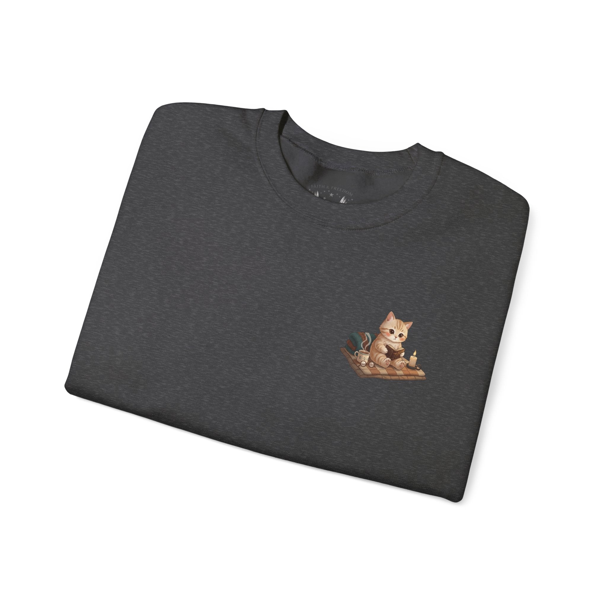 Faith Cozy Cat Crewneck Sweatshirt – Candlelight Cat Faith Sweatshirt | Quiet Comfort Apparel