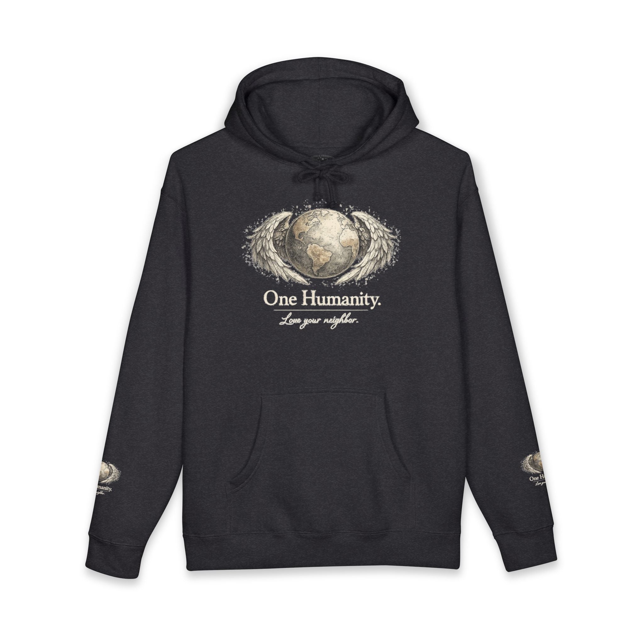 “One Humanity” Hoodie – “Love Your Neighbor” Earth & Wings Graphic Sweatshirt