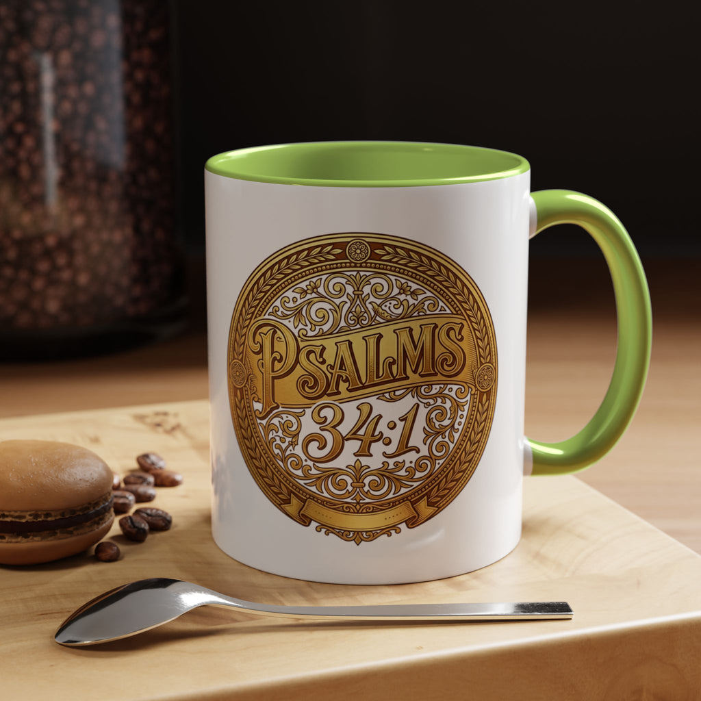Inspirational Christian ceramic accent coffee mug featuring Psalm 34:1 in an ornate gold medallion design with colorful handle and interior accents.