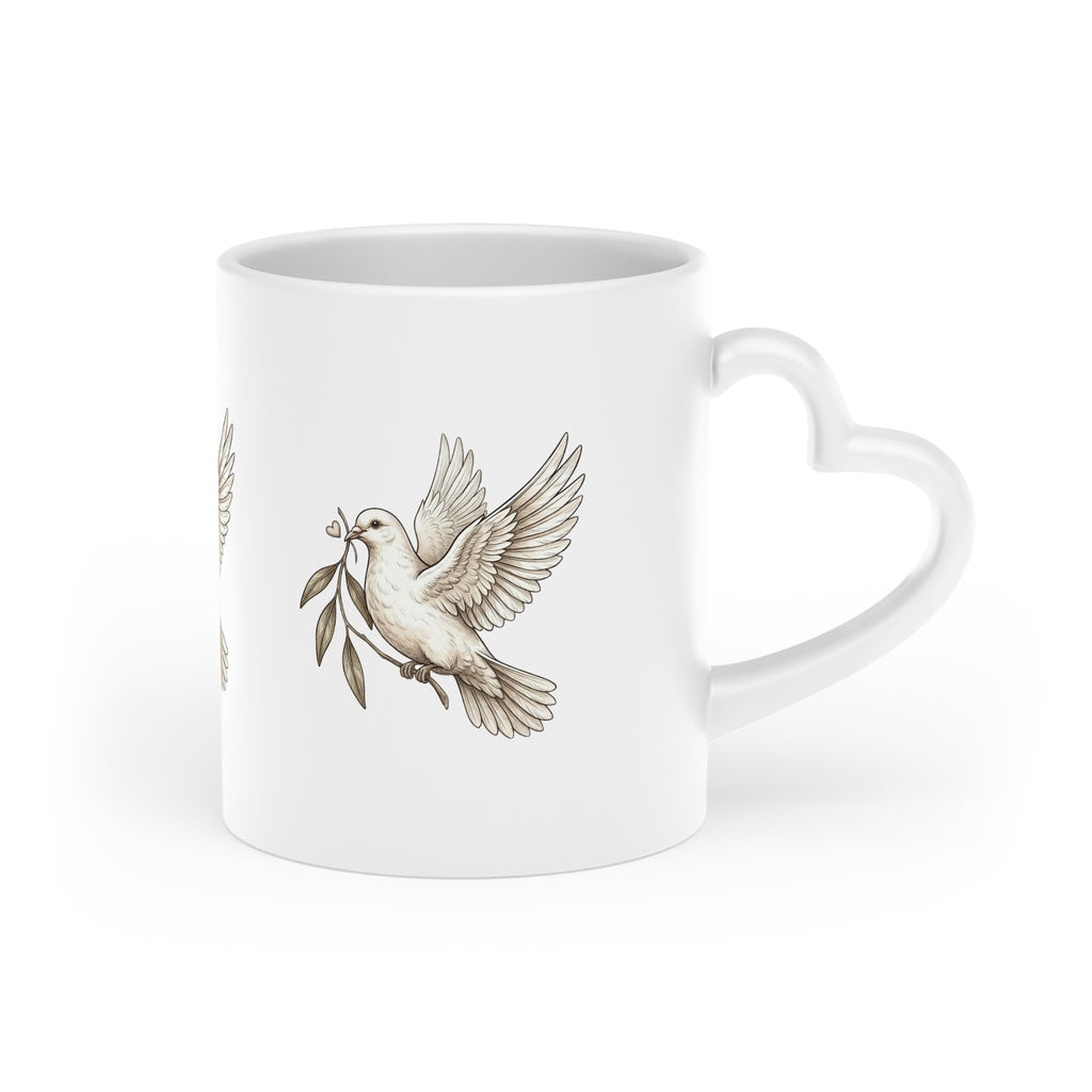 Peace Dove Heart-Shaped Mug — Olive Leaf Love Ceramic Coffee Cup
