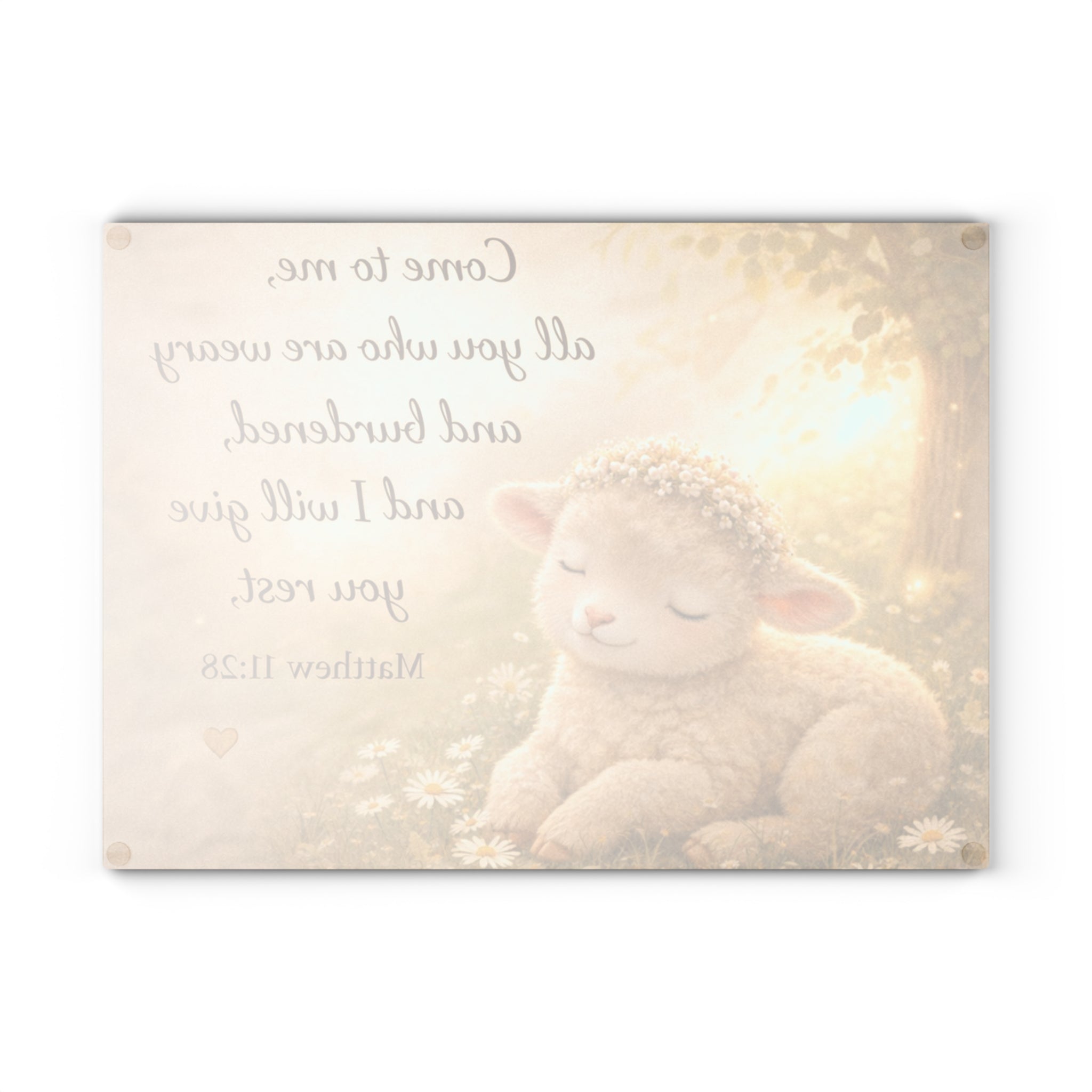 Matthew 11:28 Lamb Glass Cutting Board – Christian Faith Kitchen Decor | Inspirational Scripture Kitchen Board