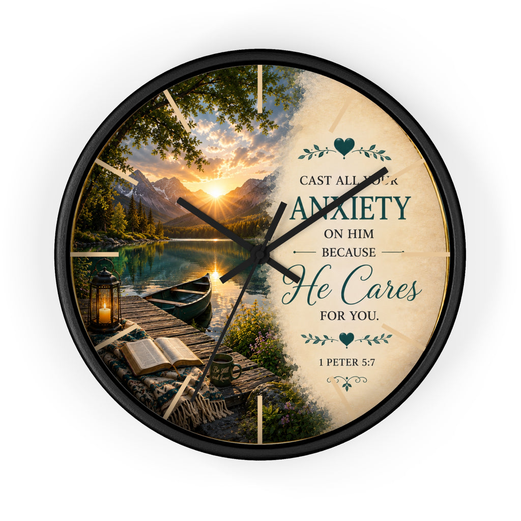 Inspirational Christian wall clock featuring a peaceful lakeside sunrise with a dock, canoe, and 1 Peter 5:7 scripture about casting anxiety on Him.