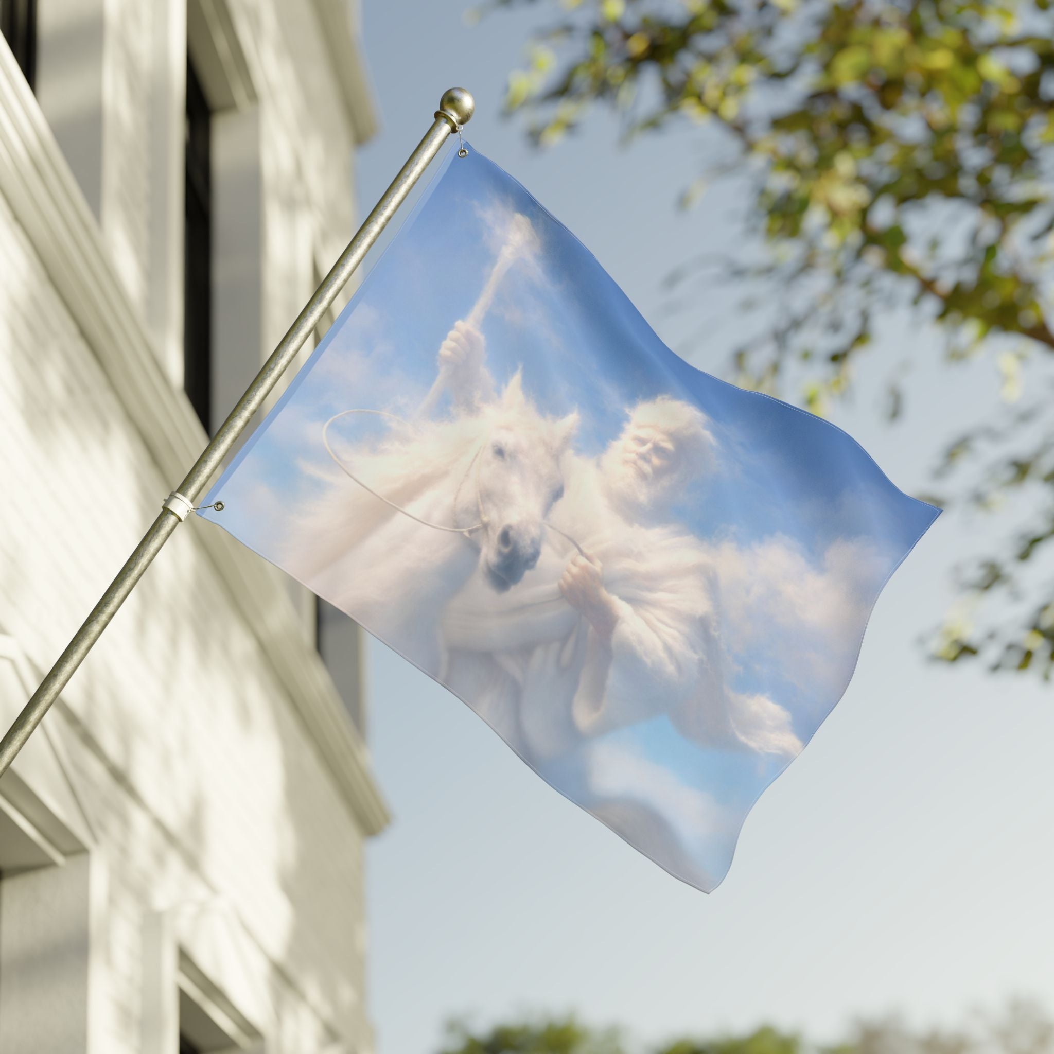 Double-sided Christian outdoor flag featuring Jesus riding on glowing clouds with vibrant heavenly artwork and inspirational faith-centered design.