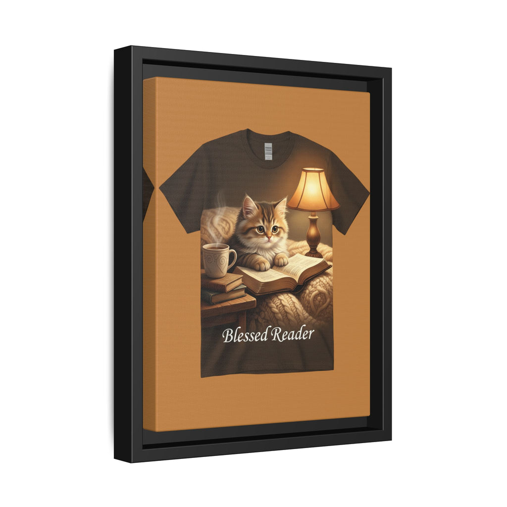 Blessed Reader Framed Canvas Print – Cozy Cat Reading Wall Art | Book Lover Cat Decor