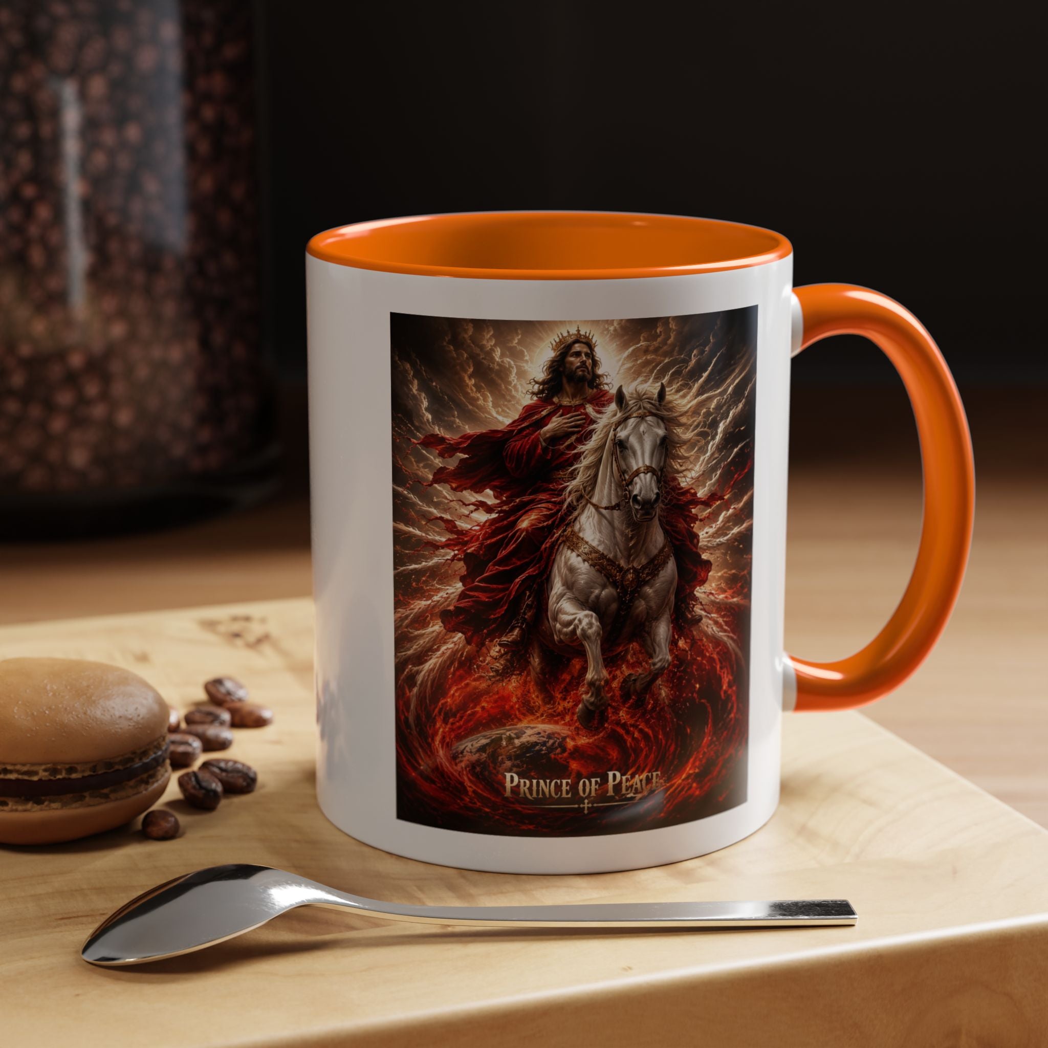 Inspirational Christian coffee mug featuring Jesus riding a white horse surrounded by radiant heavenly light with Prince of Peace artwork and colorful accent handle and interior.