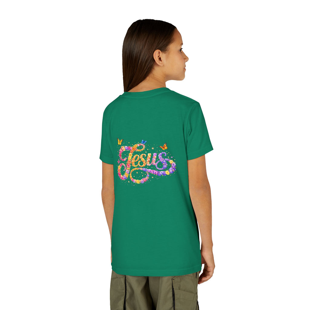 Youth Jesus Floral Script T-Shirt – Butterfly Christian Kids Tee | Faith Youth Shirt