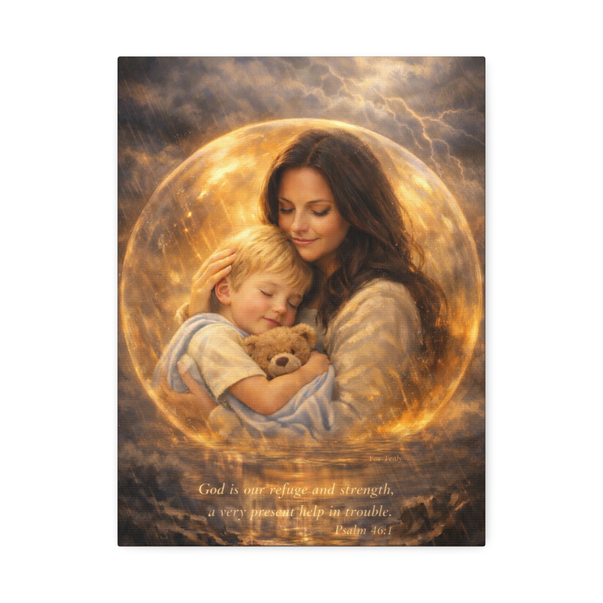 Mother and child holding a teddy bear with a celestial background and Bible verse text.