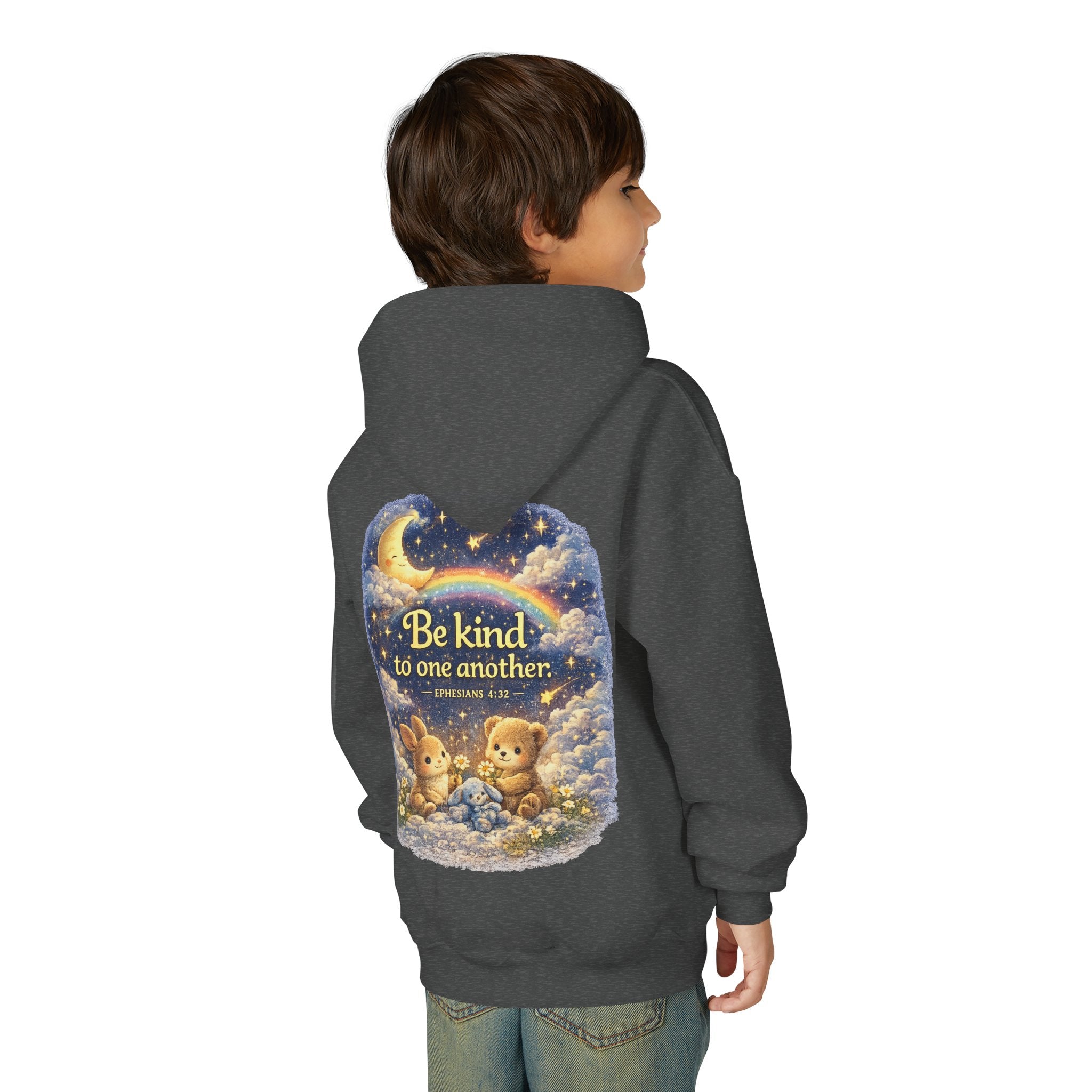 Youth “Be Kind to One Another” Hoodie – Cute Bunny Night Sky Scripture Sweatshirt