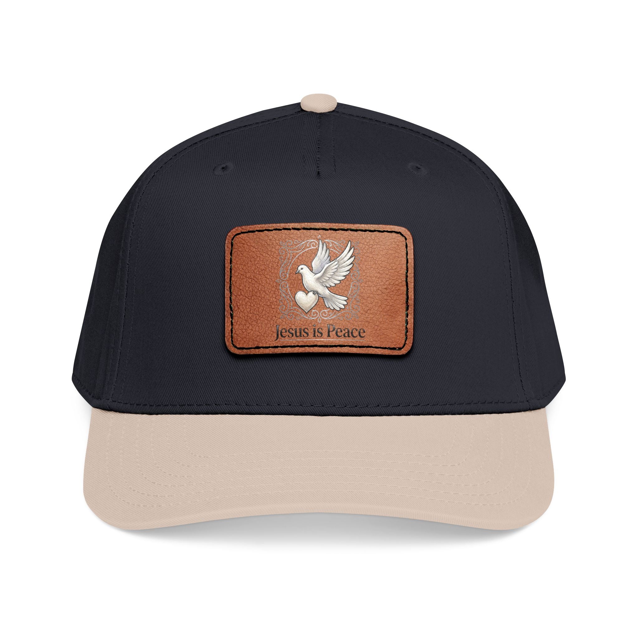 Christian Leather Patch Baseball Cap — "Jesus is Peace" Dove Embroidery