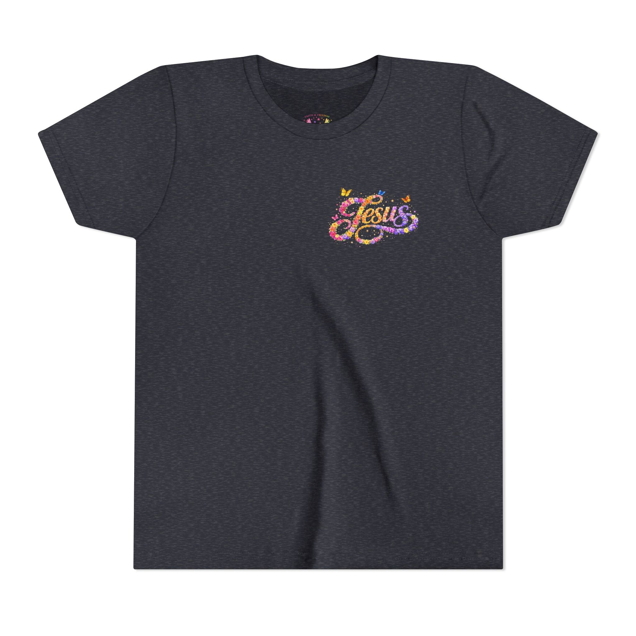 Youth Jesus Floral Script T-Shirt – Butterfly Christian Kids Tee | Faith Youth Shirt