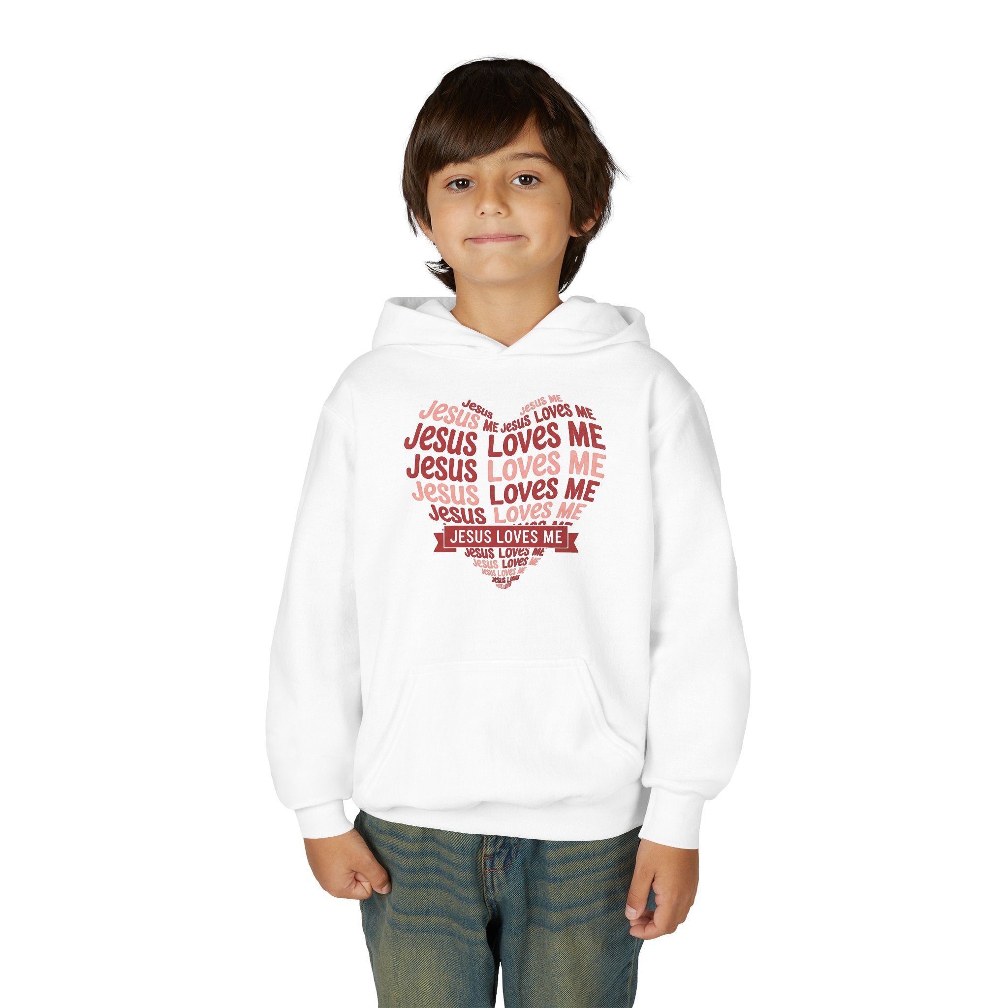 Jesus Loves Me Youth Hoodie – Heart Word Cloud Christian Kids Sweatshirt | Faith Inspired Kids Apparel