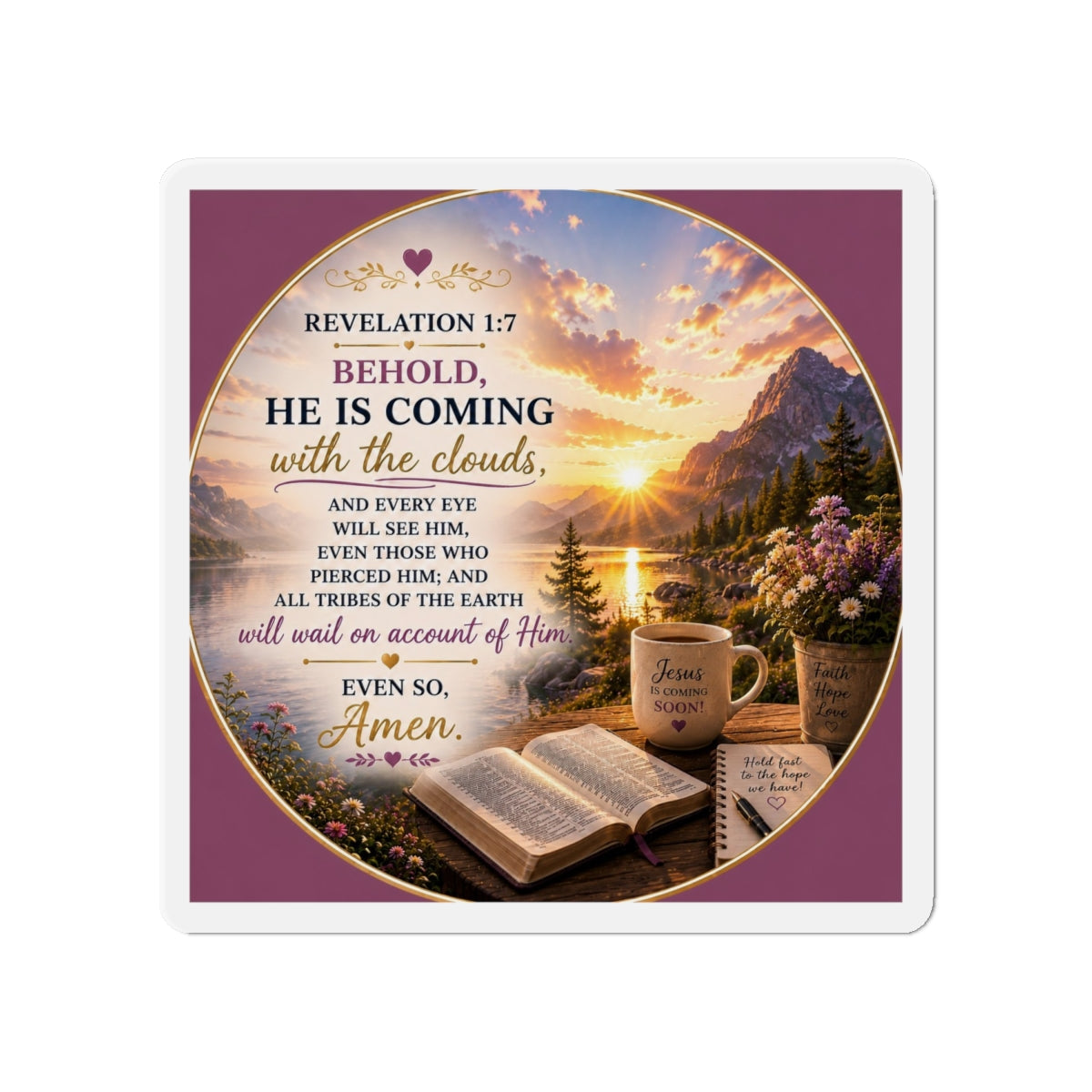 Christian die-cut magnet featuring Revelation 1:7, a mountain lake sunrise, open Bible, coffee mug, flowers, and inspirational scripture about Christ's return in purple and gold tones.