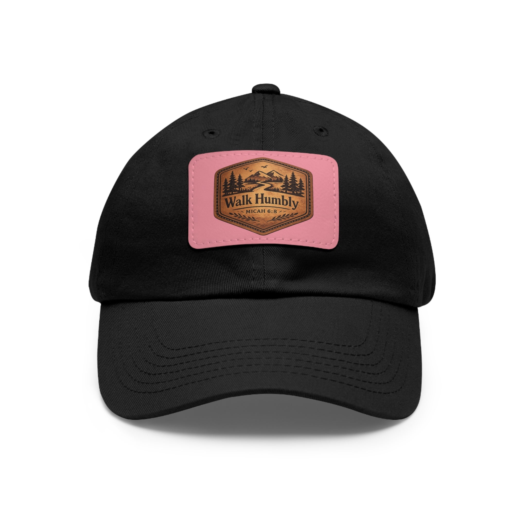 Vintage-inspired Christian dad hat featuring a faux leather “Walk Humbly” Micah 6:8 patch with rustic outdoor styling and antique brass buckle closure.