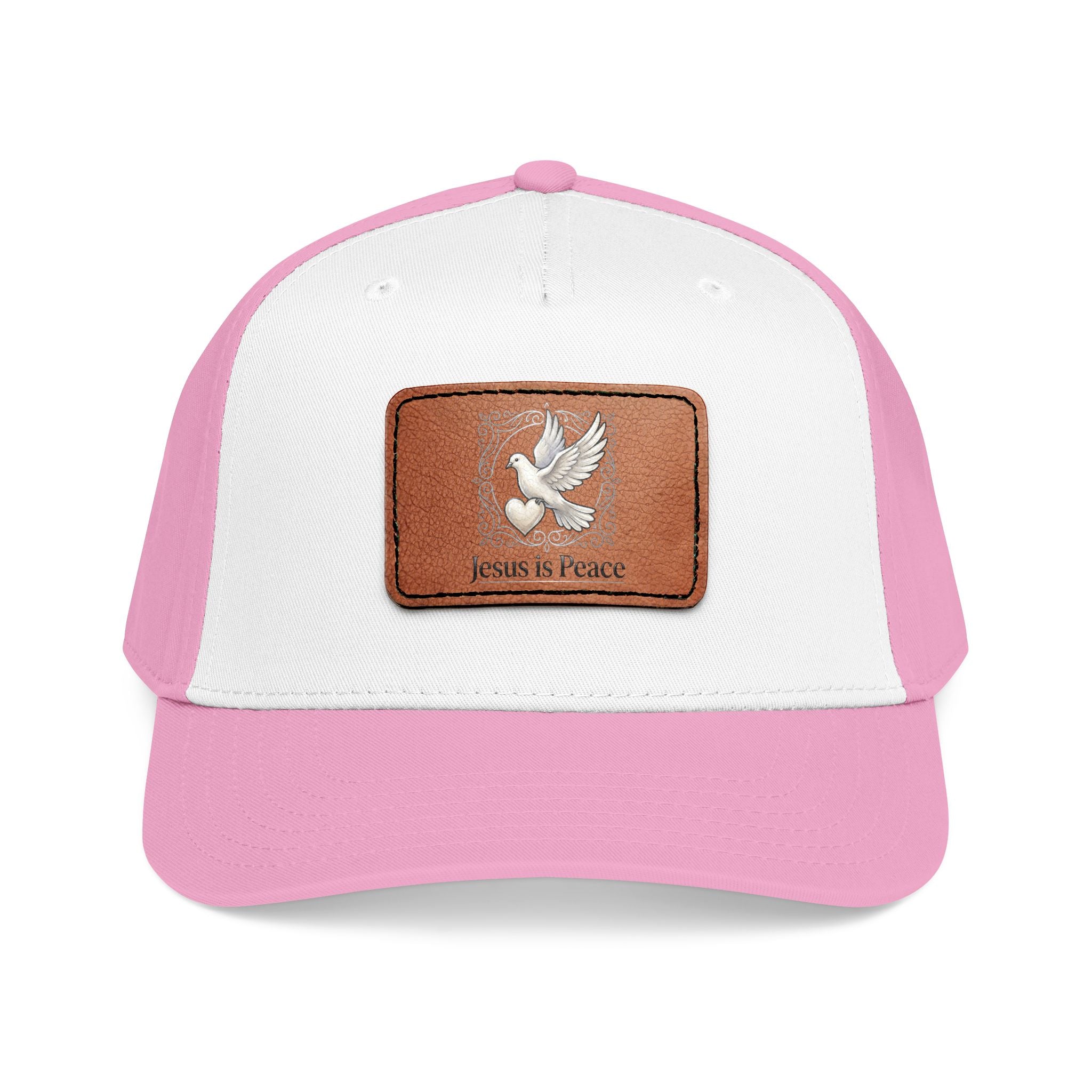 Pink and White Christian baseball cap featuring a brown leather patch with a white dove carrying a heart and the words "Jesus Is Peace."
