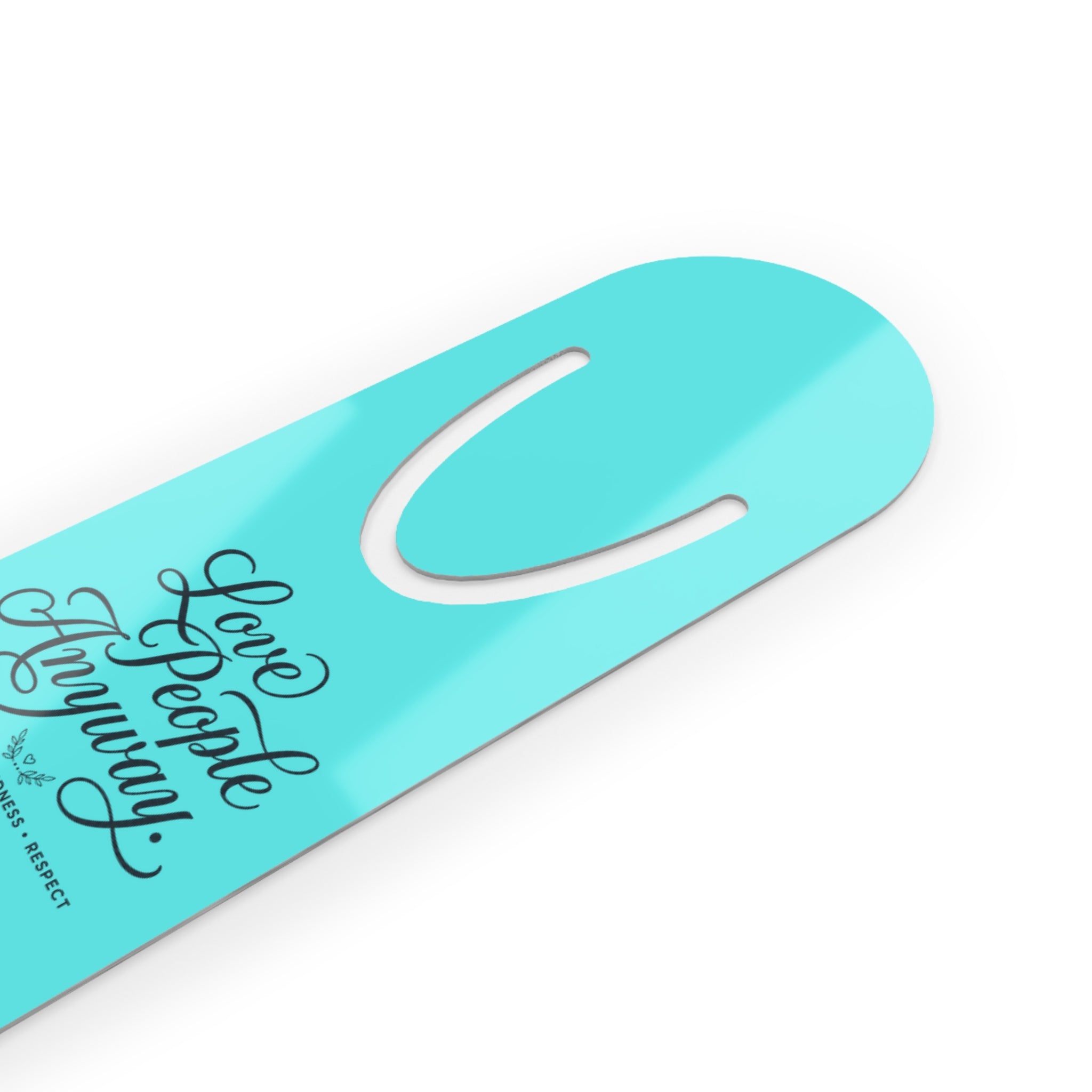 Elegant aluminum bookmark featuring a laurel wreath LGA monogram and “Love People Anyway” message with brushed metal backing and secure page-holding slot for books, journals, and devotionals.